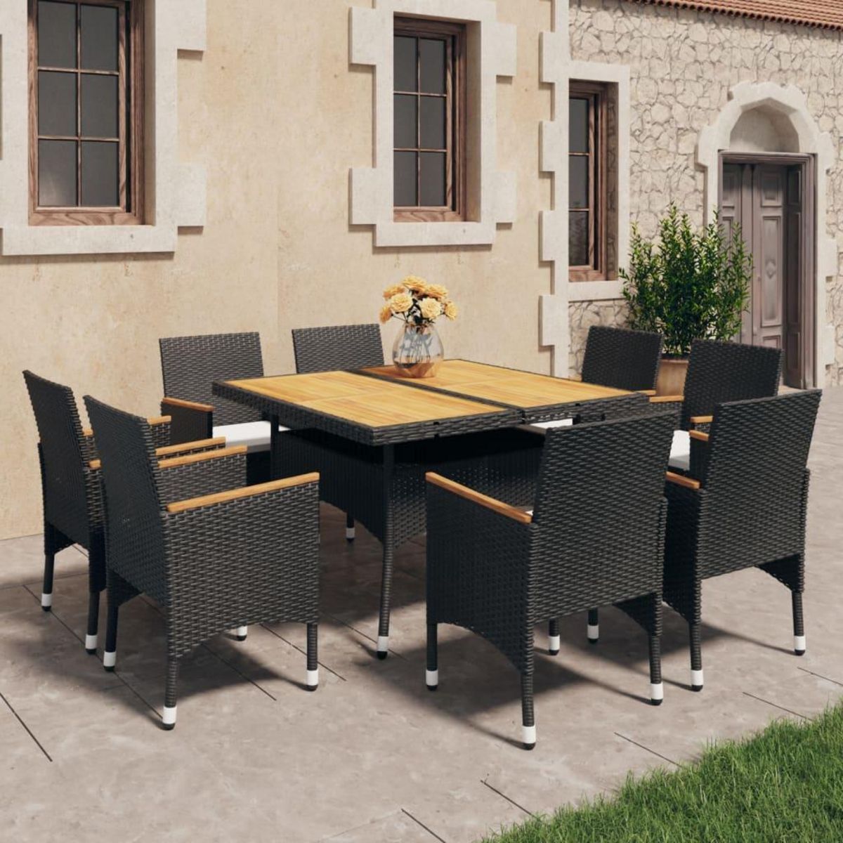 VIDAXL Ensemble a manger de jardin 9 pcs Resine tressee et acacia Noir