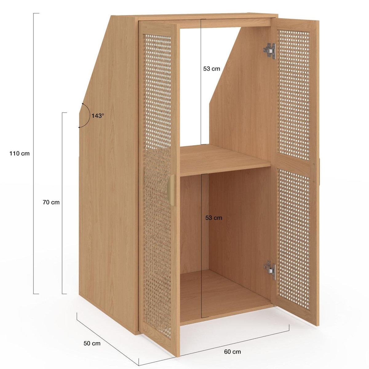 ID MARKET Armoire sous pente 2 portes EDHEN 60 x 50 x 70/110 cm bois et cannage