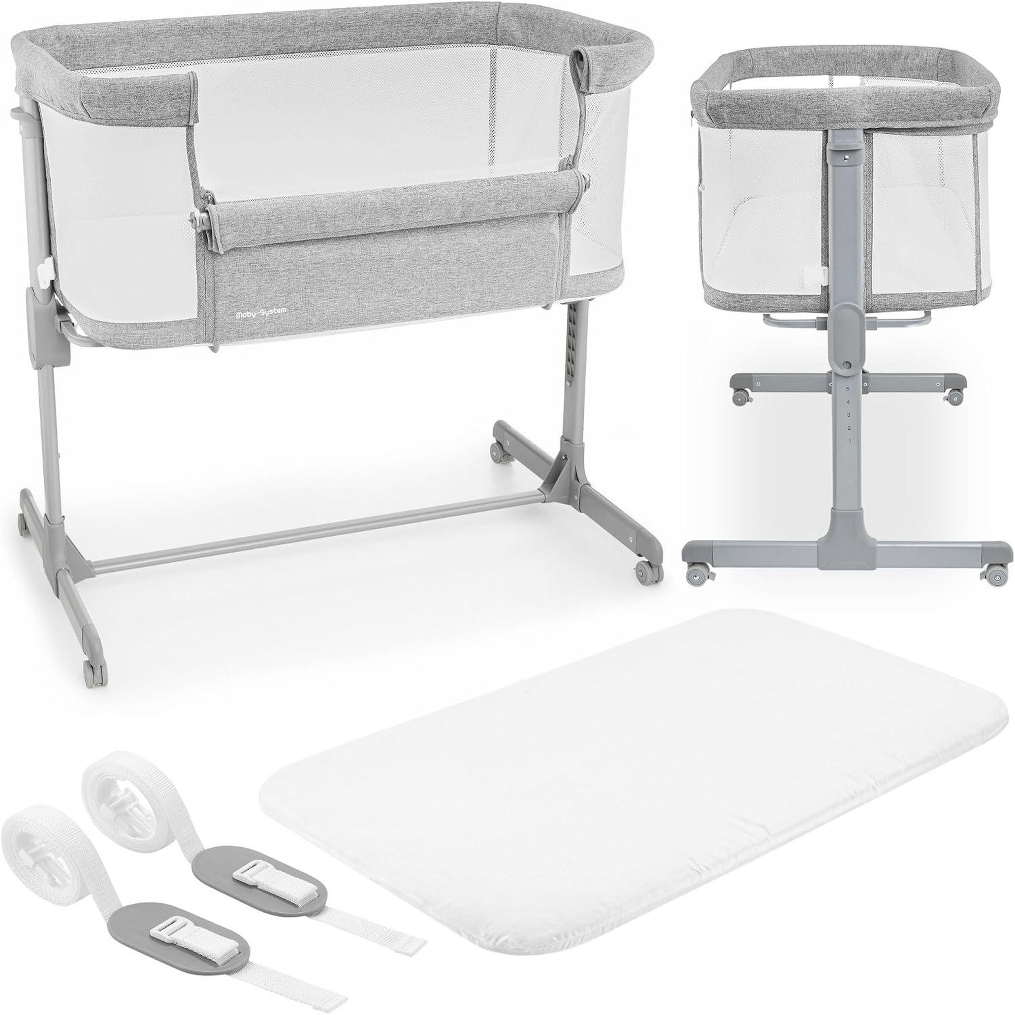 MOBY SYSTEM Lit bébé Cododo 3 en 1, Lit Parapluie Pliable 9 kg, Réglage 7 Niveaux, 4 Roues, Paroi Amovible