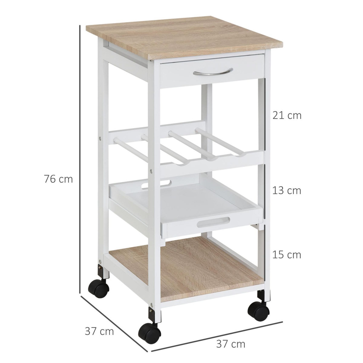 HOMCOM Chariot de service desserte de cuisine à roulettes 2 étagères + plateau amovible + tiroir bois de pin MDF