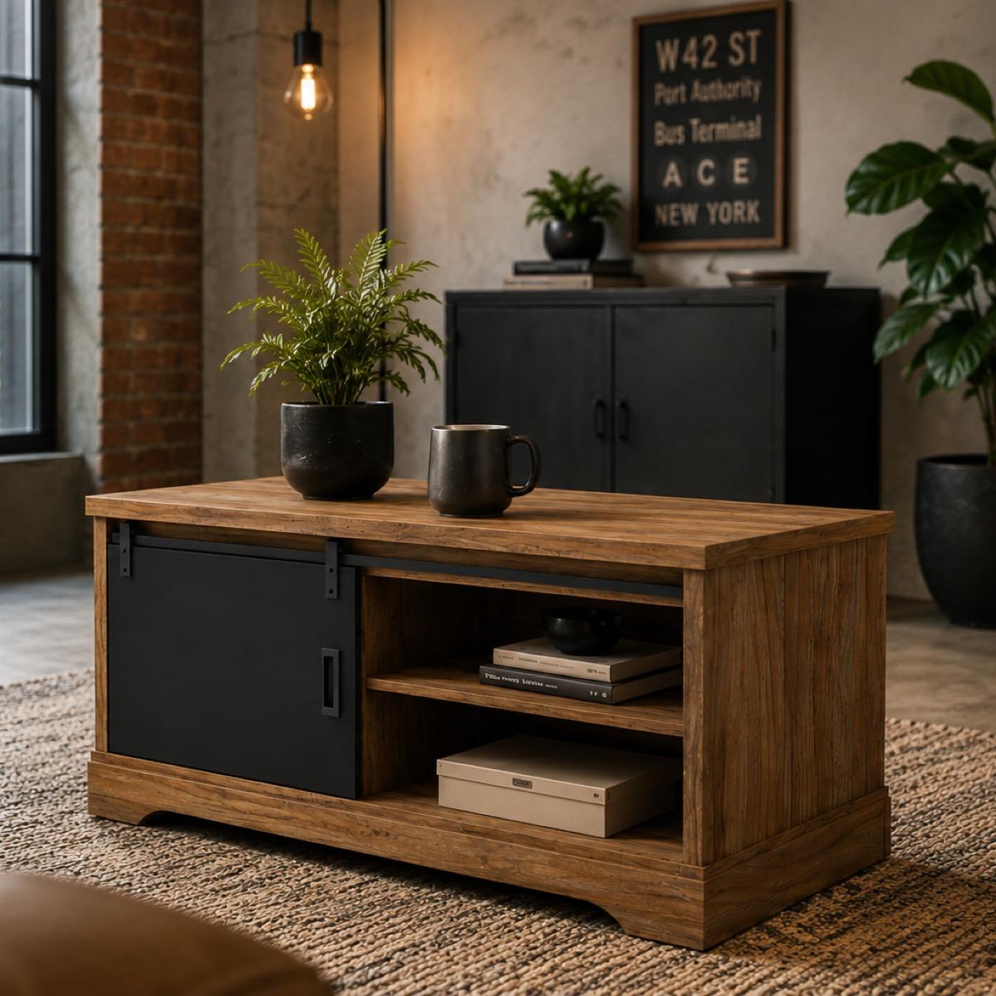Voir la diapositive 2 : JLC KREATION Table basse industrielle rectangle noir et bois 120cm nova