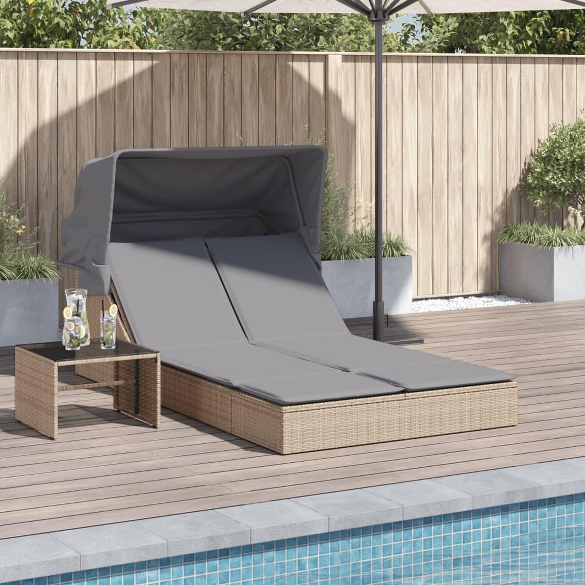 VIDAXL Chaise longue double avec auvent et coussins beige poly rotin