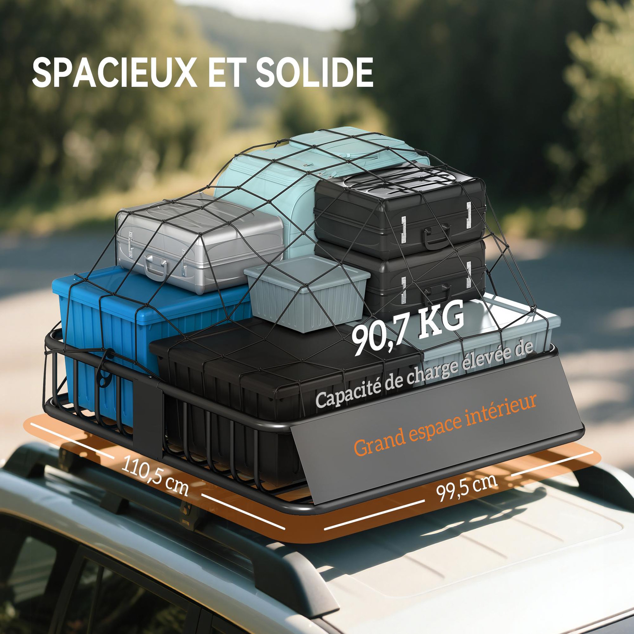 Voir la diapositive 4 : HOMCOM Galerie de toit en acier charge max. supportée 90 Kg dim. 110,5x99,5x18,5 cm noir