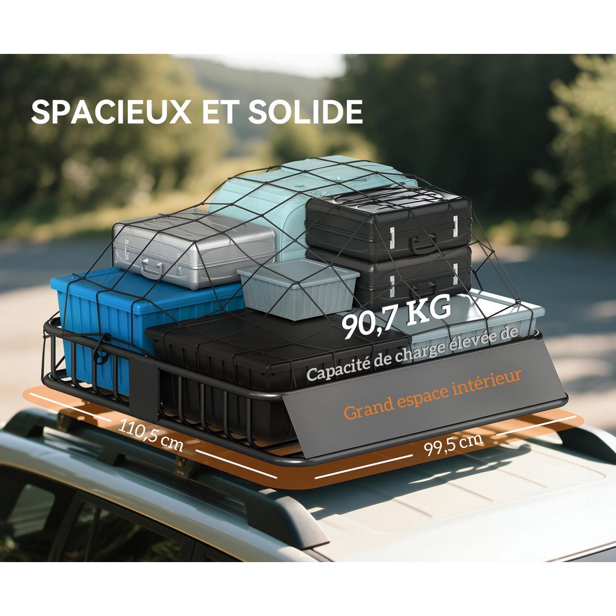 HOMCOM Galerie de toit en acier charge max. supportée 90 Kg dim. 110,5x99,5x18,5 cm noir