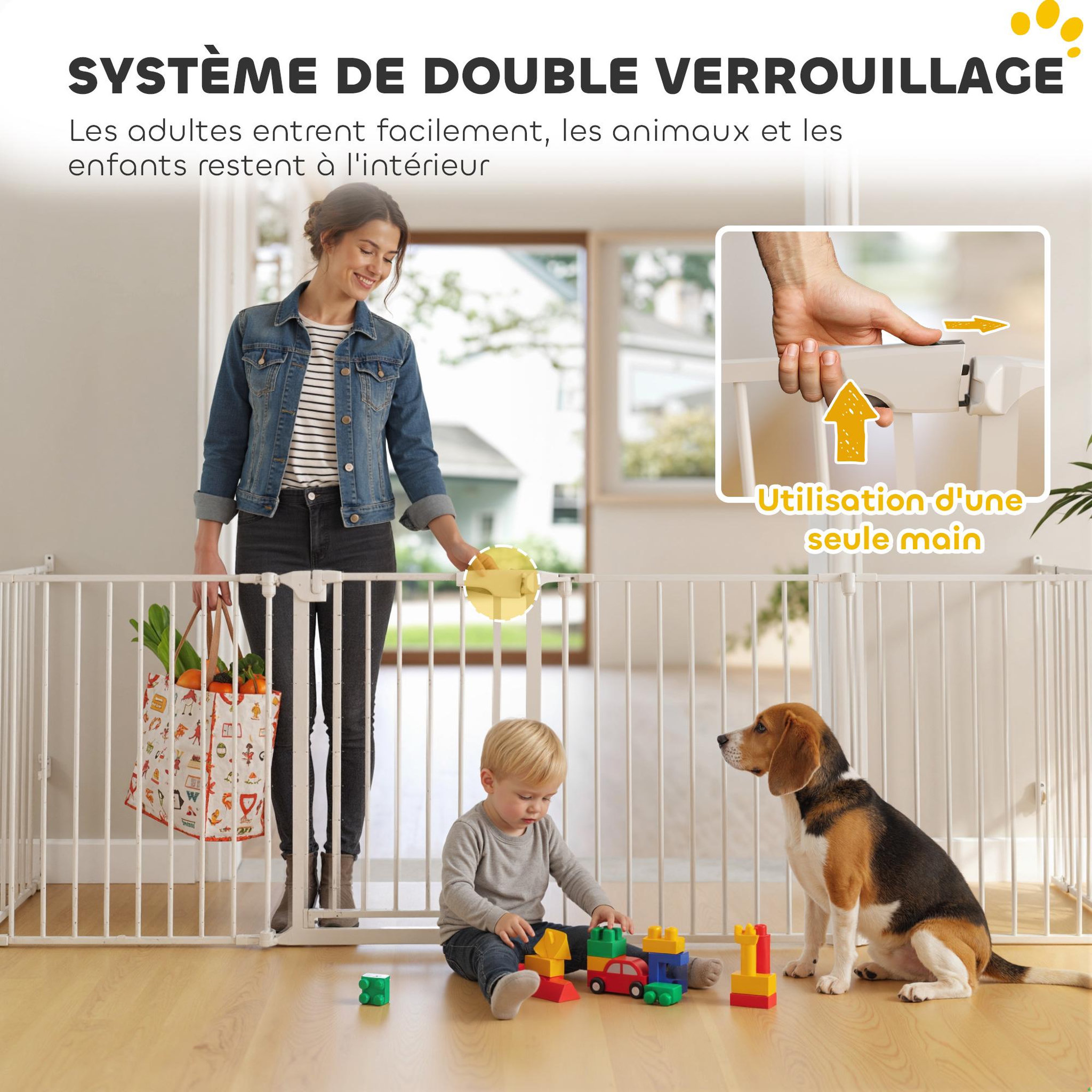 Voir la diapositive 6 : PAWHUT Barrière de sécurité pliable modulable max. L.366cm parc enclos 6 panneaux - porte double verrouillage - acier blanc