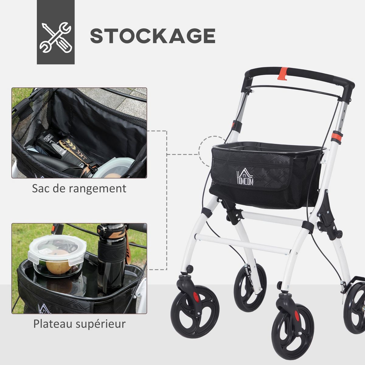HOMCOM Déambulateur pliable réglable léger 4 roues rangements frein alu blanc noir
