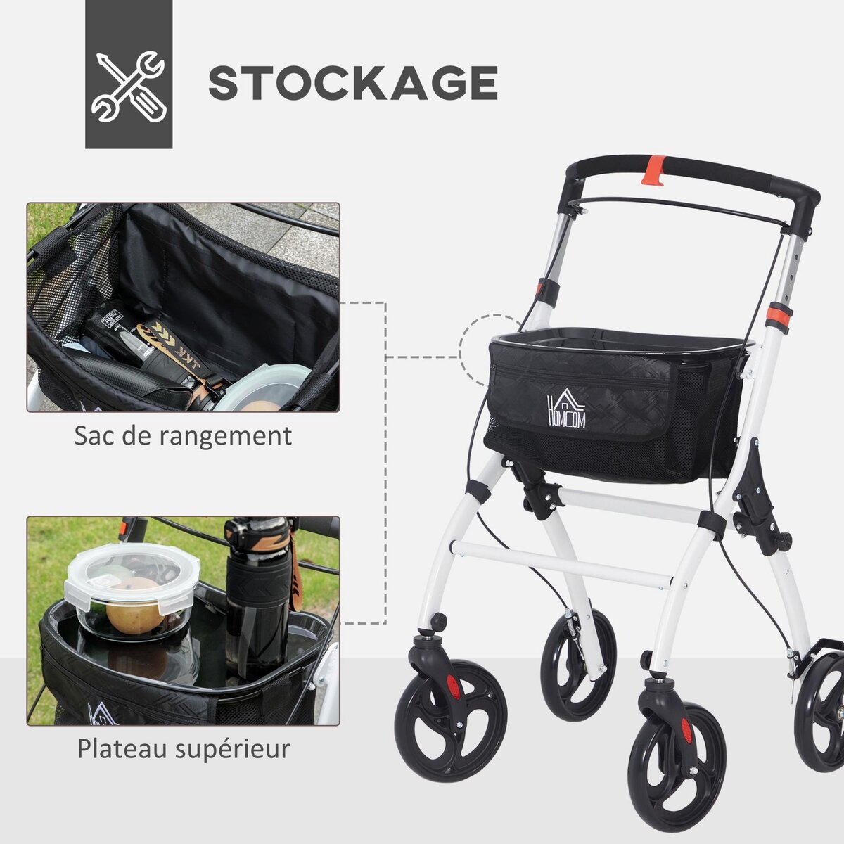 HOMCOM Déambulateur pliable réglable léger 4 roues rangements frein alu blanc noir
