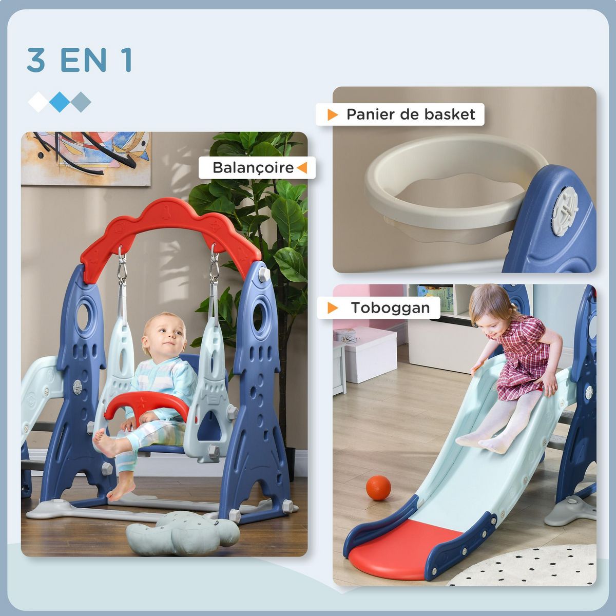 HOMCOM Portique enfant toboggan et balançoire avec panier de basket-ball - aire de jeux 3 en 1 - usage intérieur extérieur - bleu rouge