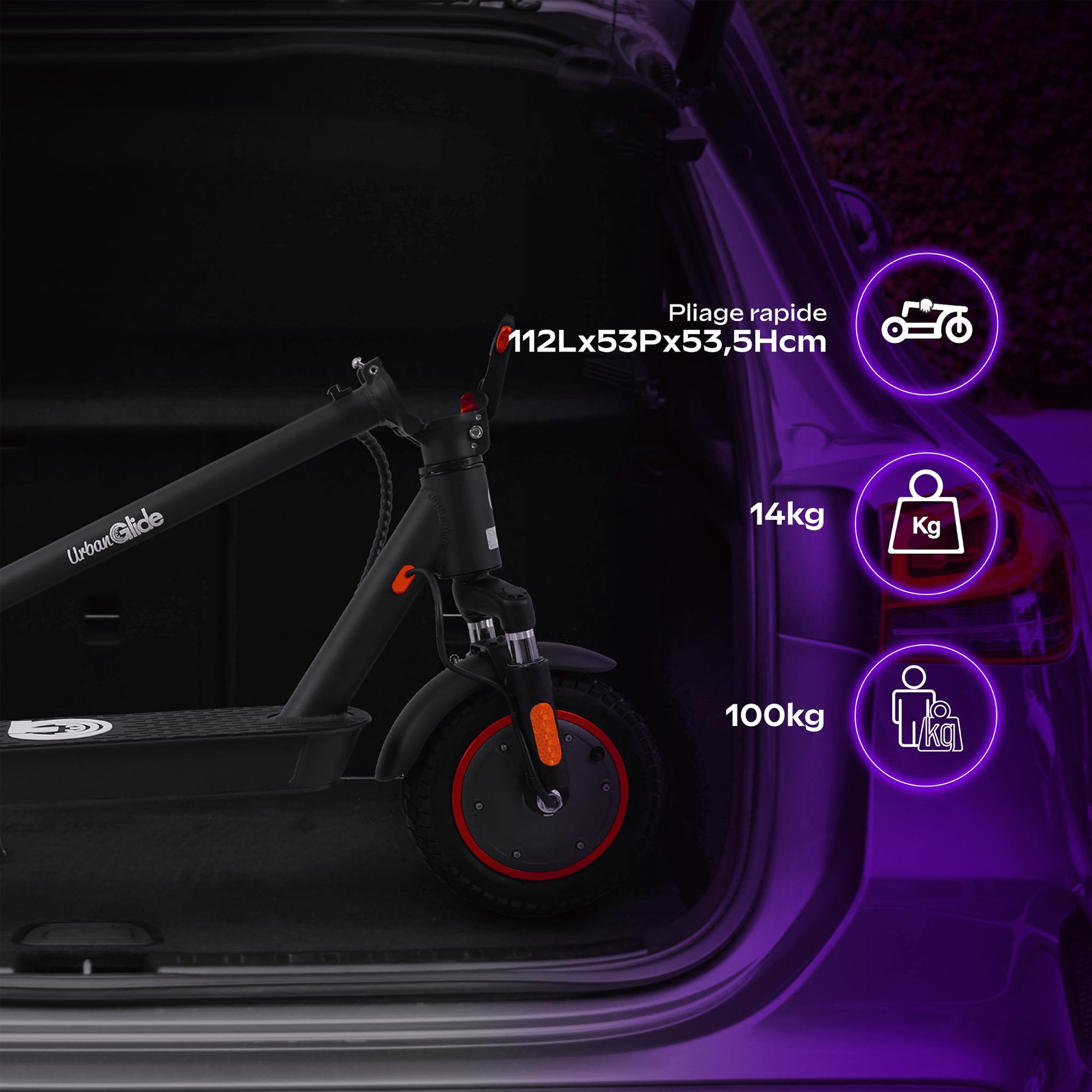 Voir la diapositive 3 : URBANGLIDE 100P14 â€  Poids 15Kg â€  Batterie 42V â€  Trottinette Ã‰lectrique Adulte UrbanGlide â€  Autonomie Jusqu'a 30 km â€  Pneu 10