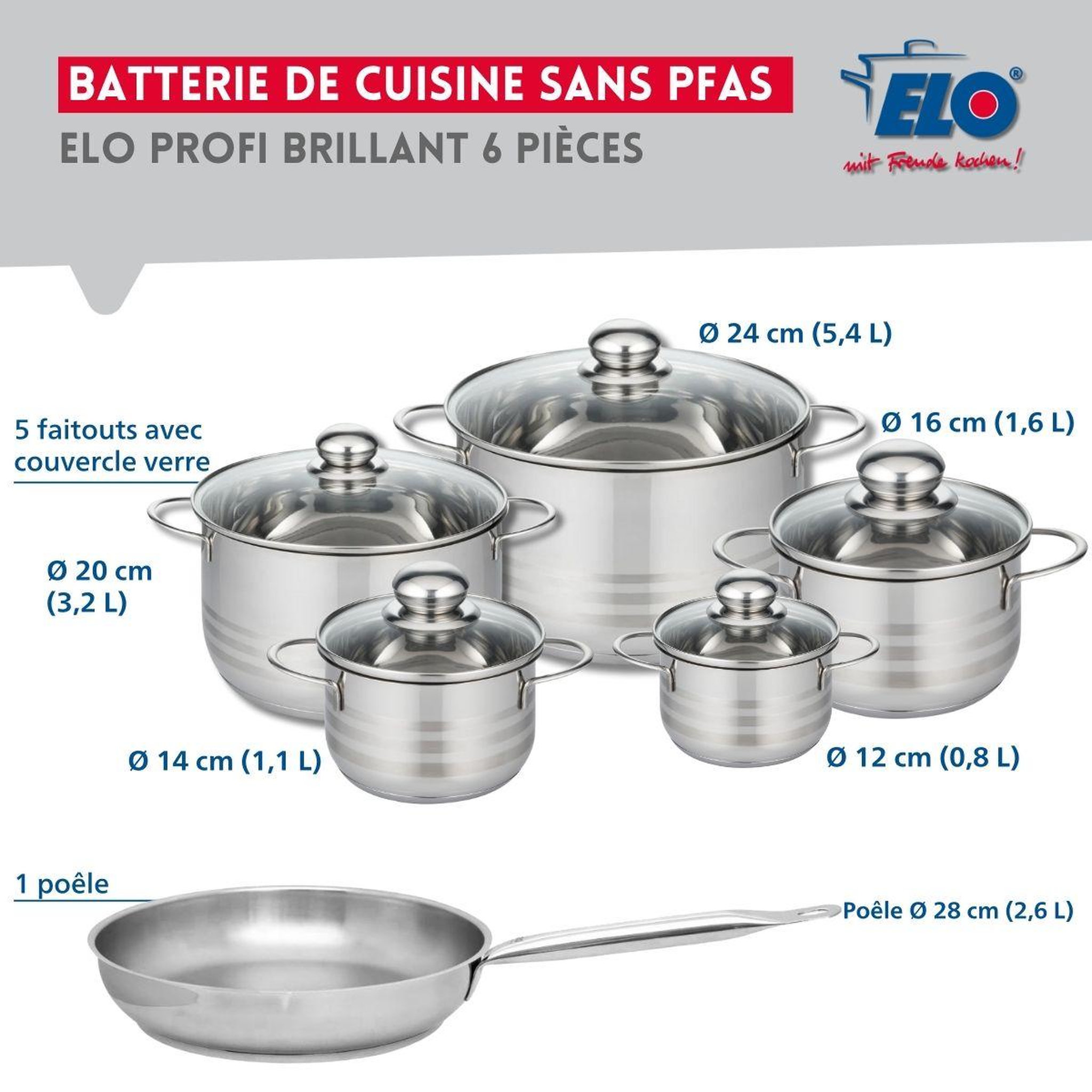 Voir la diapositive 2 : ELO Ensemble de 1 poêle de cuisson 28 cm et 5 faitouts 12, 14, 16, 20 et 24 cm elo profi brillant