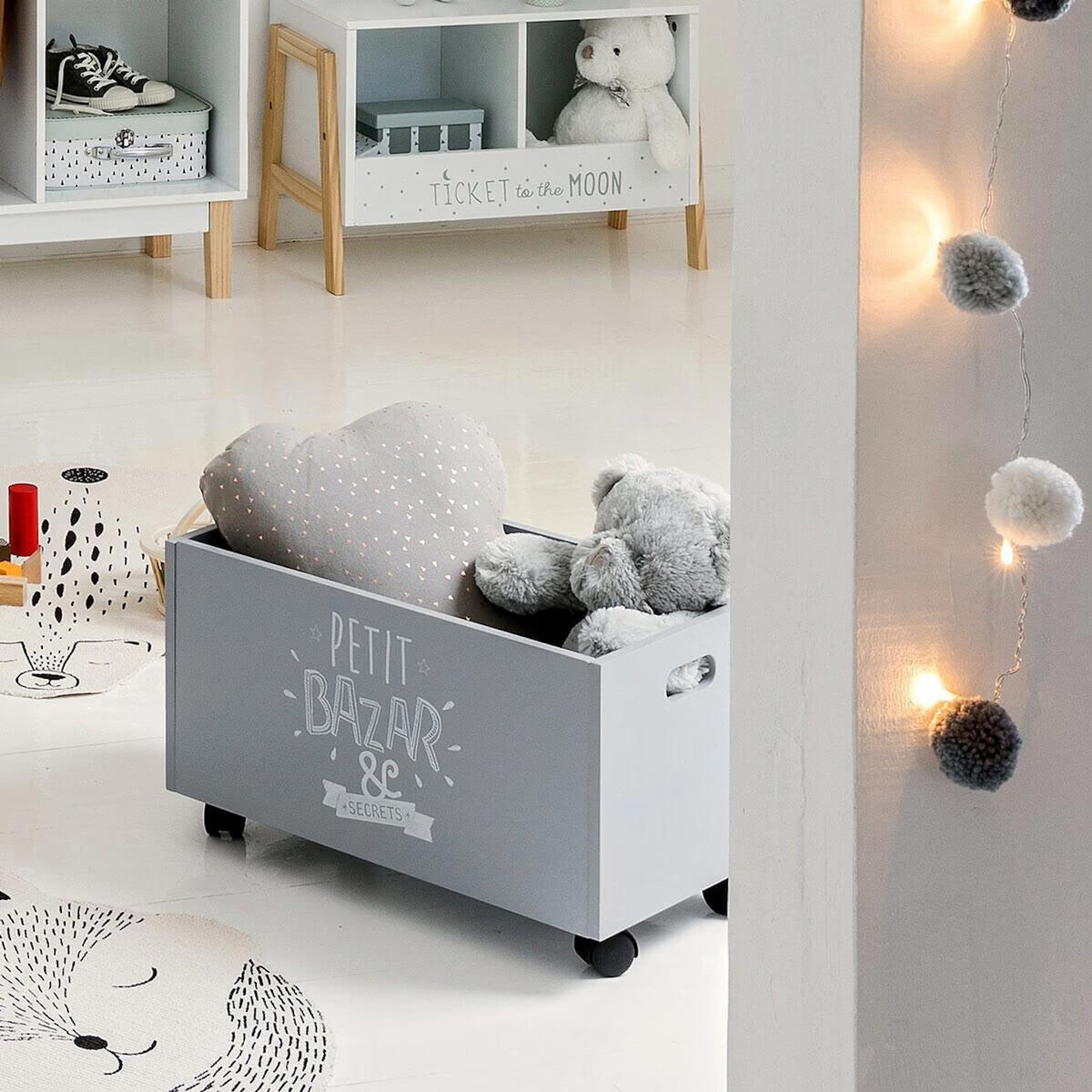 Atmosphera Kids Coffre à Jouets à Roulettes  Petit Bazar  48cm Gris