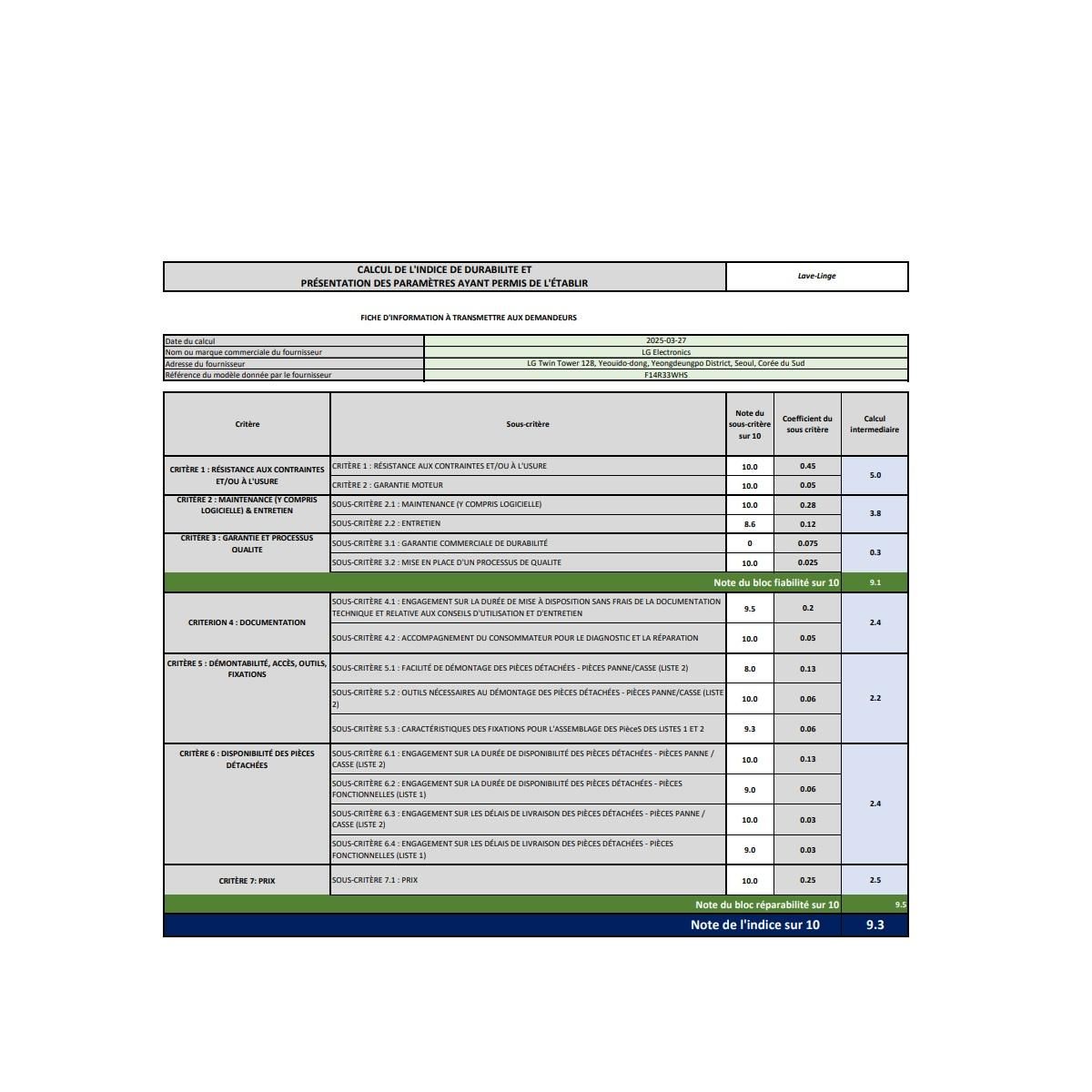 LG Lave-linge hublot 10kg 1400 tours/min - F14R33WHS