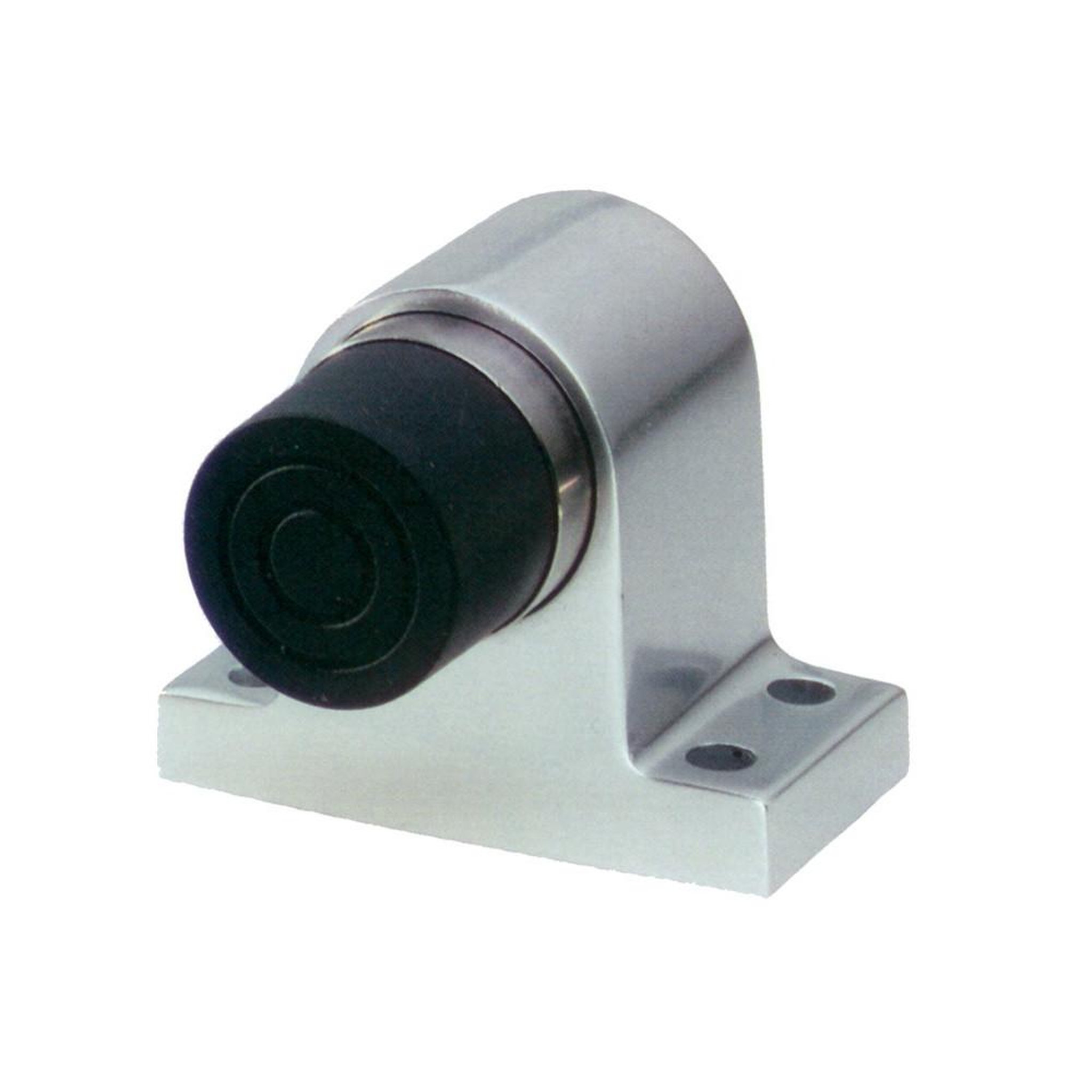 Arrêt de porte à ressort, fixation par vis/cheville, corps métal laqué argent et patin caoutchouc noir, hauteur 75 mm, charge max 100 kg