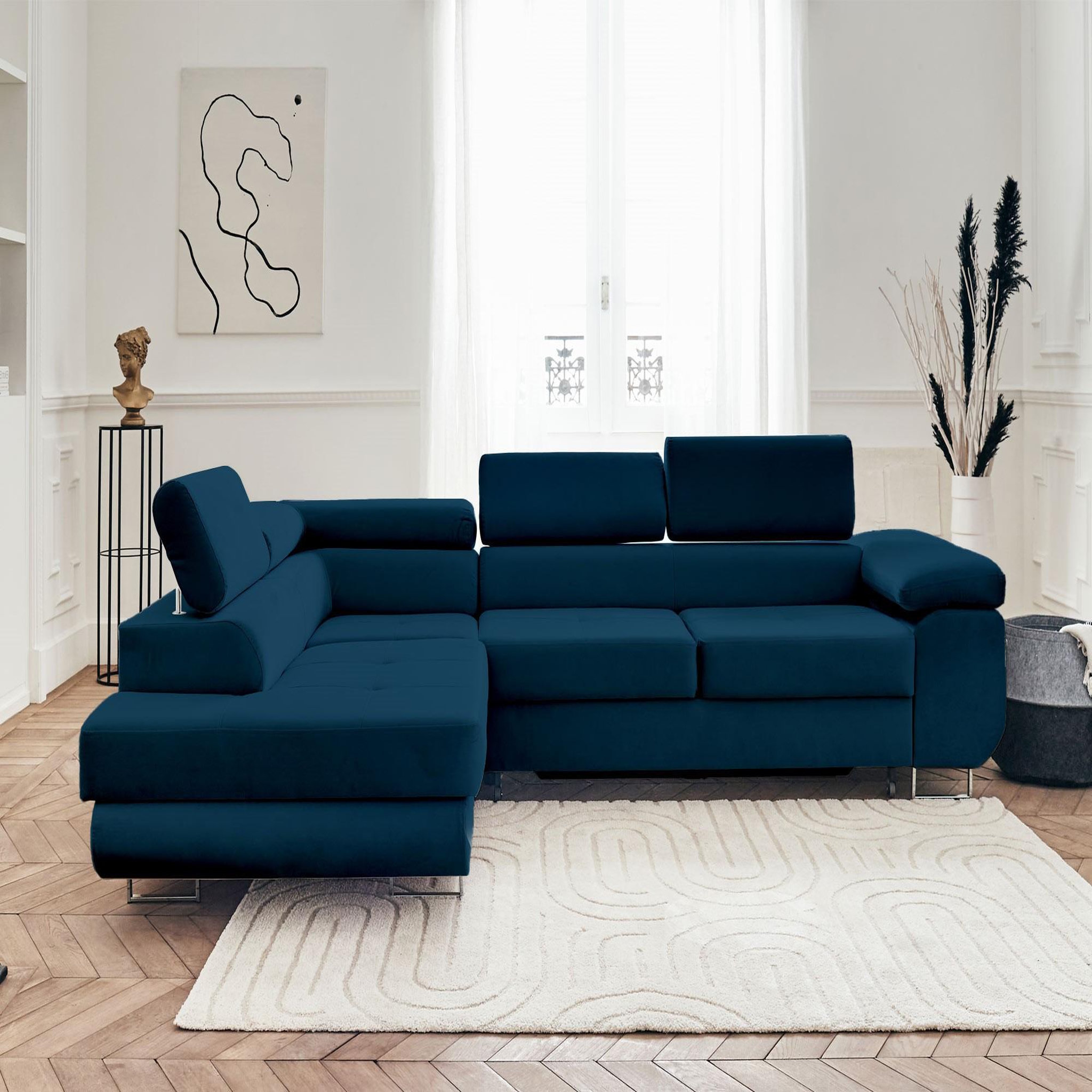 Voir la diapositive 6 : BEST MOBILIER Pablo - canapé d'angle gauche - 5 places - convertible avec coffre et têtières réglables - en velours