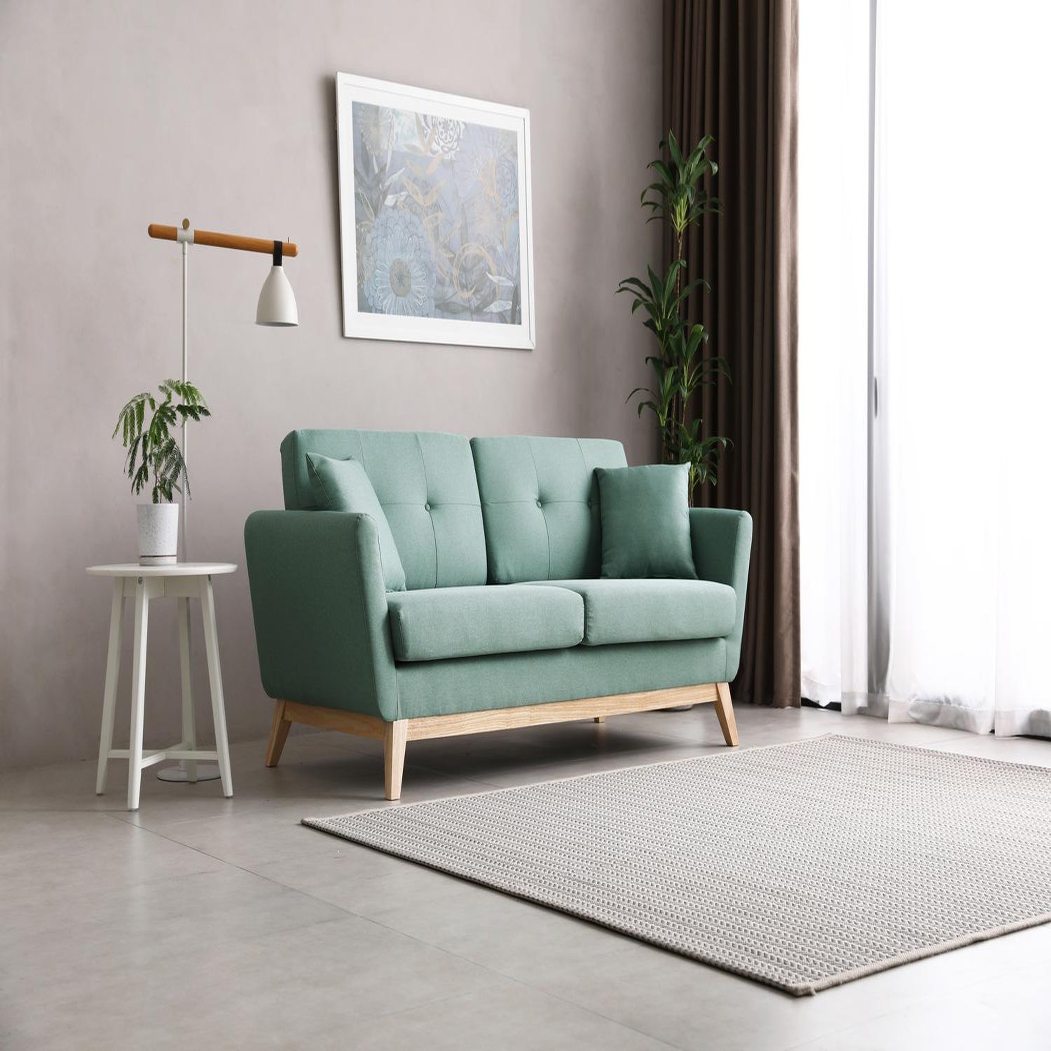 Voir la diapositive 3 : CONCEPT USINE Canapé 3 places scandinave et 2 coussins en tissu vert d'eau hoga