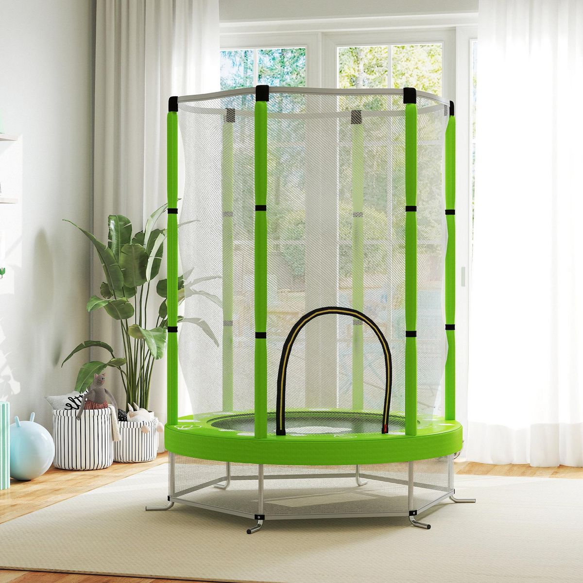 HOMCOM Trampoline enfant Ø140 cm max. 45 Kg - filet sécurité, porte zippée, 6 poteaux rembourrés - vert pomme
