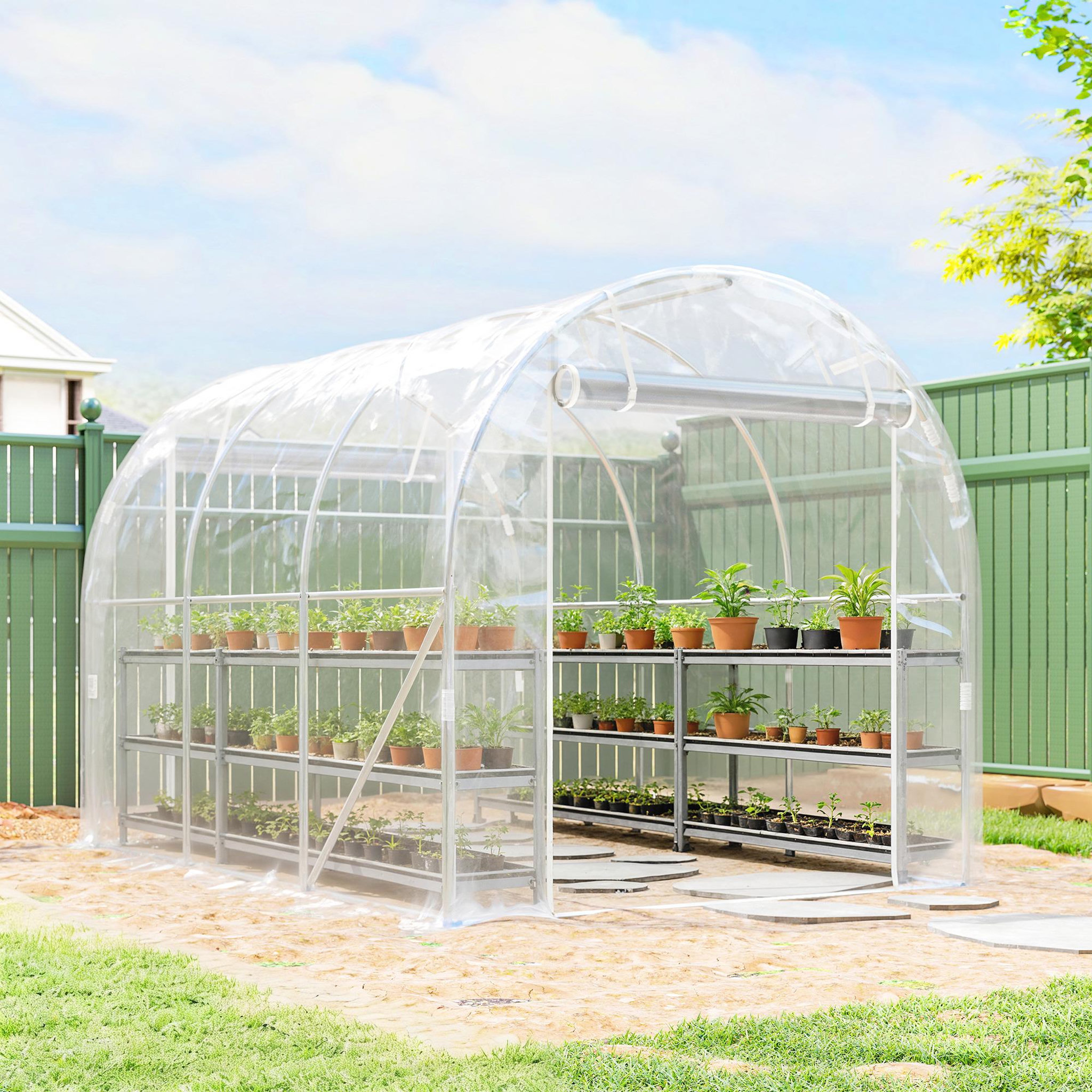 Voir la diapositive 2 : OUTSUNNY Serre tunnel de jardin 6 m² - 2 grandes portes enroulables - acier galvanisé bâche transparente