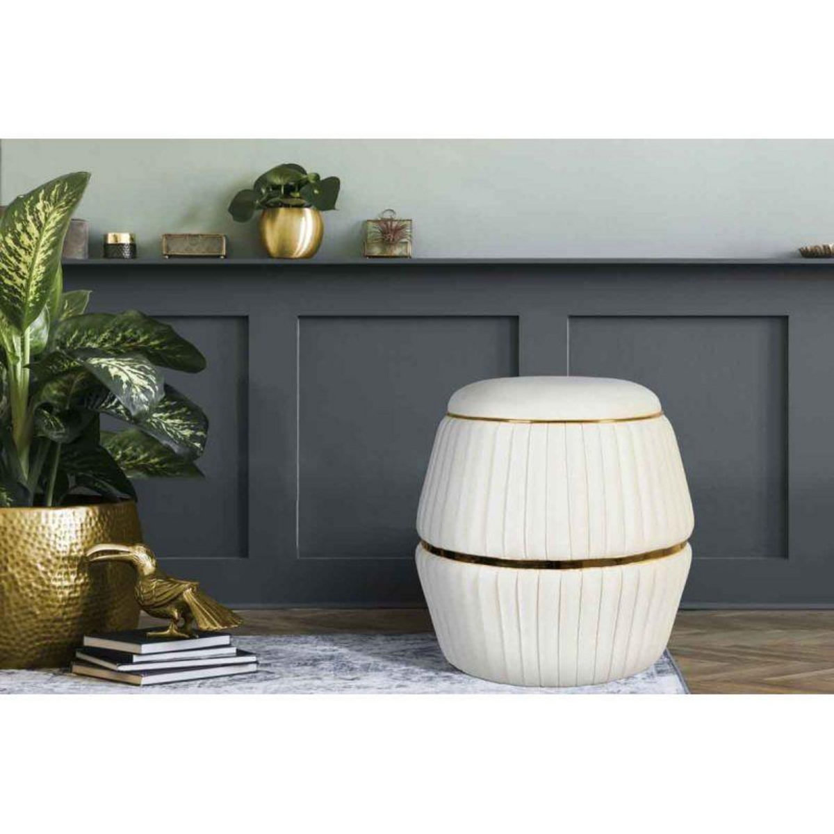 Paris Prix Pouf Rond Design  Doric  53cm Ivoire & Or