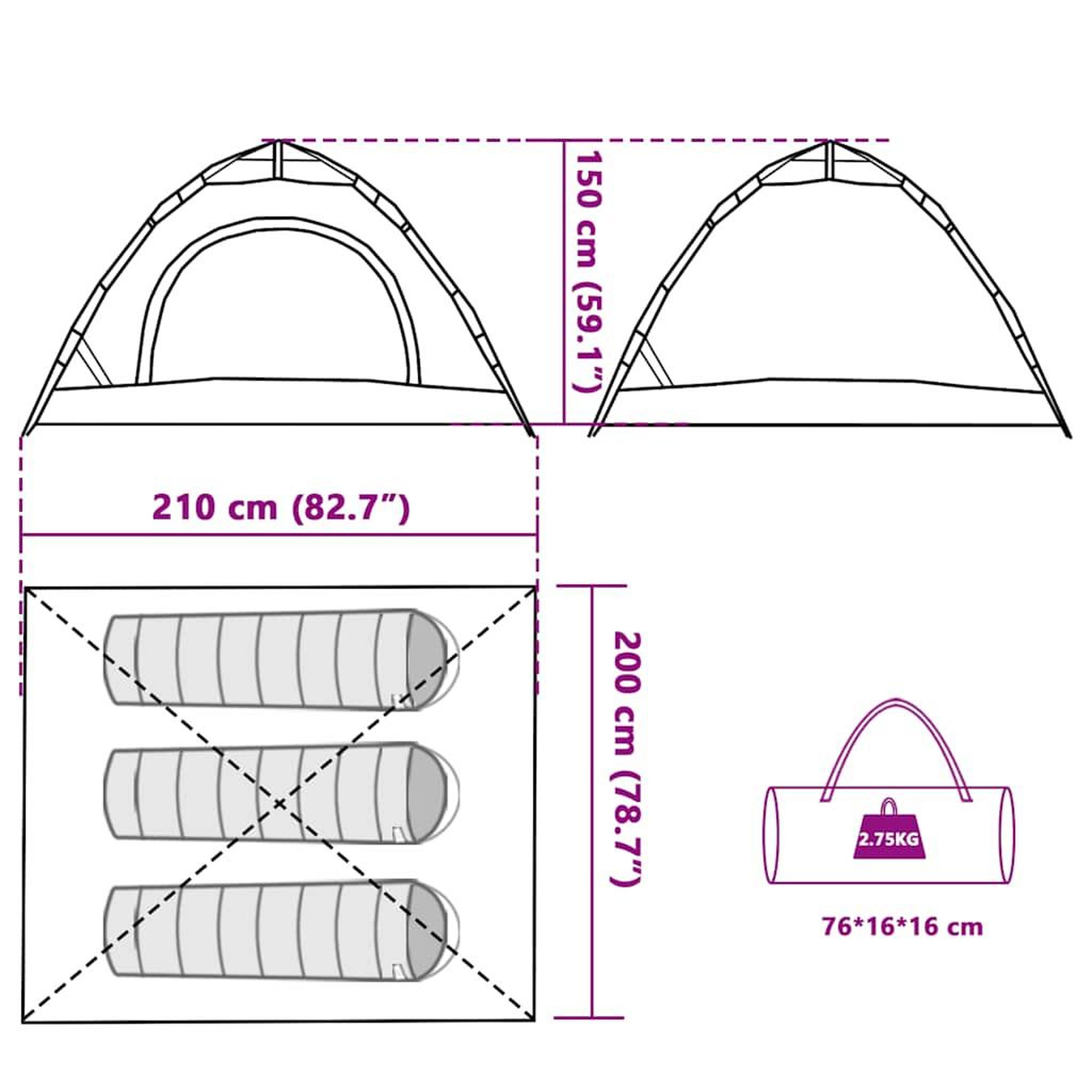 Voir la diapositive 6 : VIDAXL Tente de camping 3 personnes vert liberation rapide