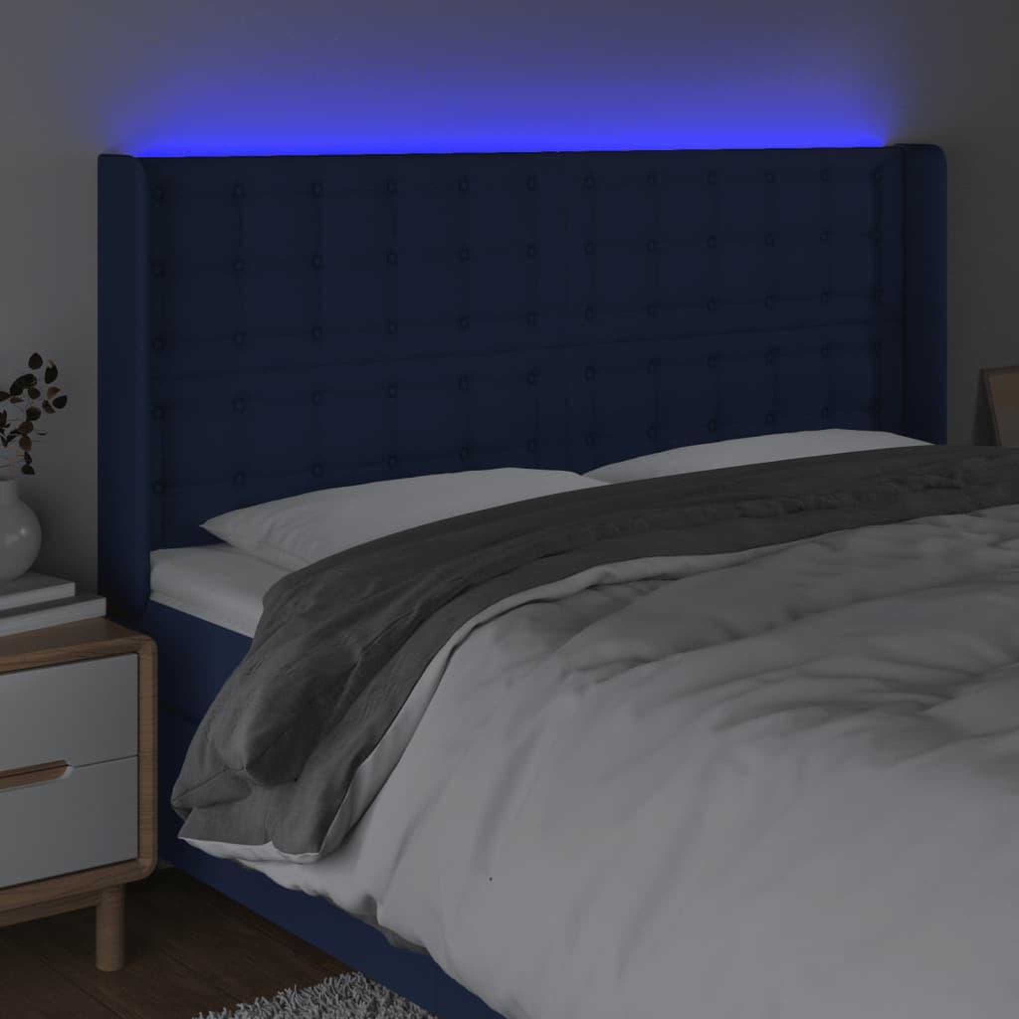 Voir la diapositive 4 : VIDAXL Tete de lit a LED Bleu 163x16x118/128 cm Tissu