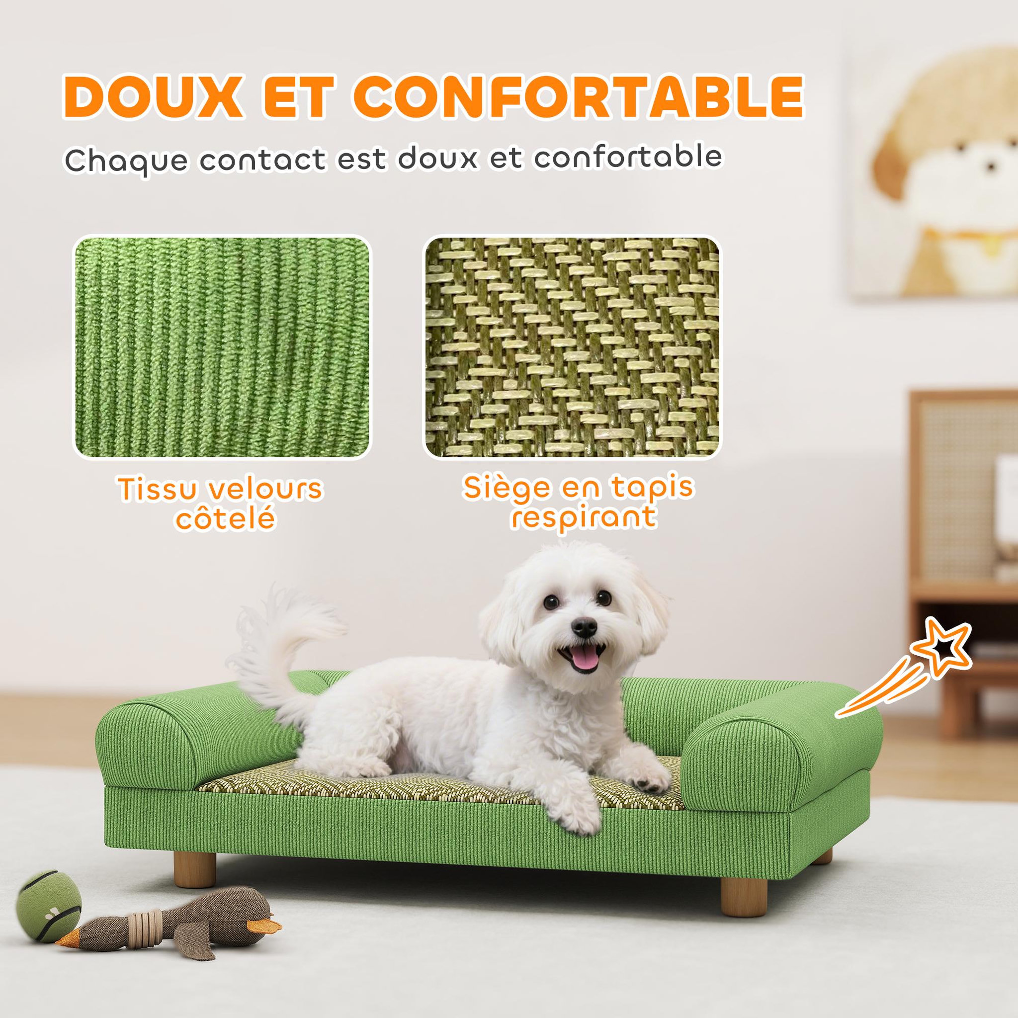 Voir la diapositive 4 : PAWHUT Canapé chien style nordique velours côtelé avec accoudoirs dossier dim. 63x41x17cm bois vert