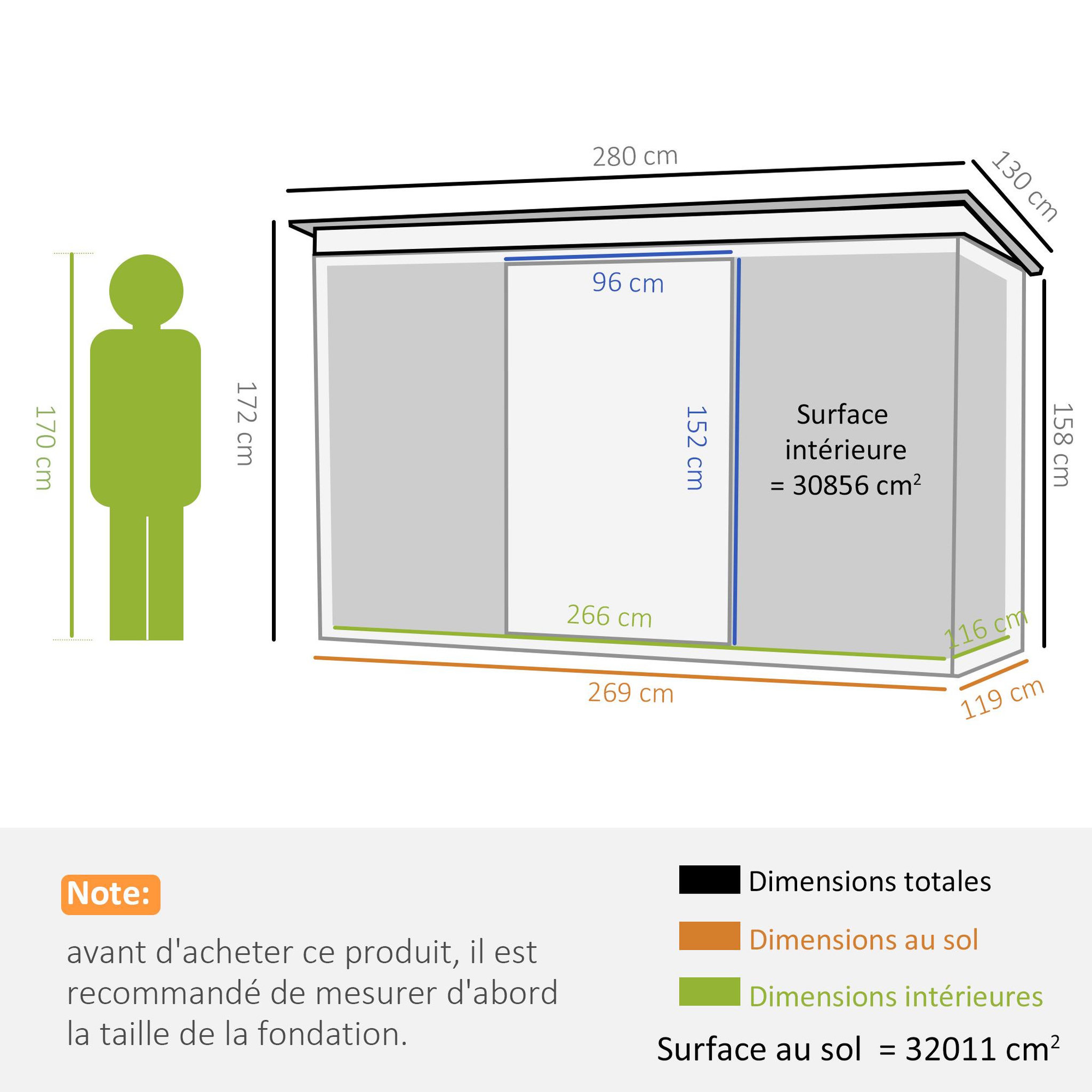 Voir la diapositive 3 : OUTSUNNY Abri de jardin - remise pour outils - cabanon portes verrouillables - dim. 2,8L x 1,3l x 1,72H m - tôle d'acier gris noir