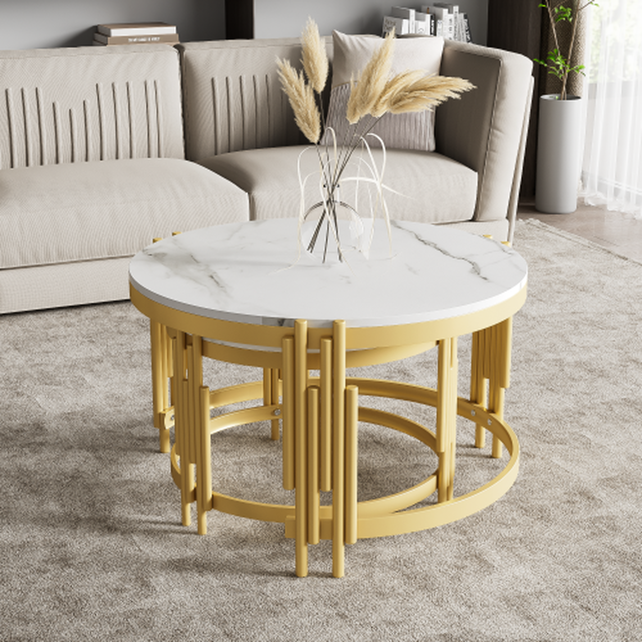 Voir la diapositive 4 : MERAX Table basse gigogne ronde gris - 71,5x71,5 cm mdf