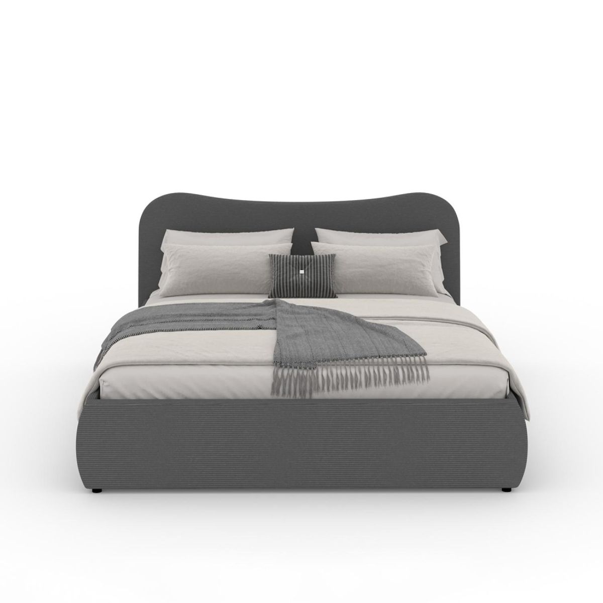 CONCEPT USINE Lit coffre 160x200cm design arrondi velours côtelé gris PLANO