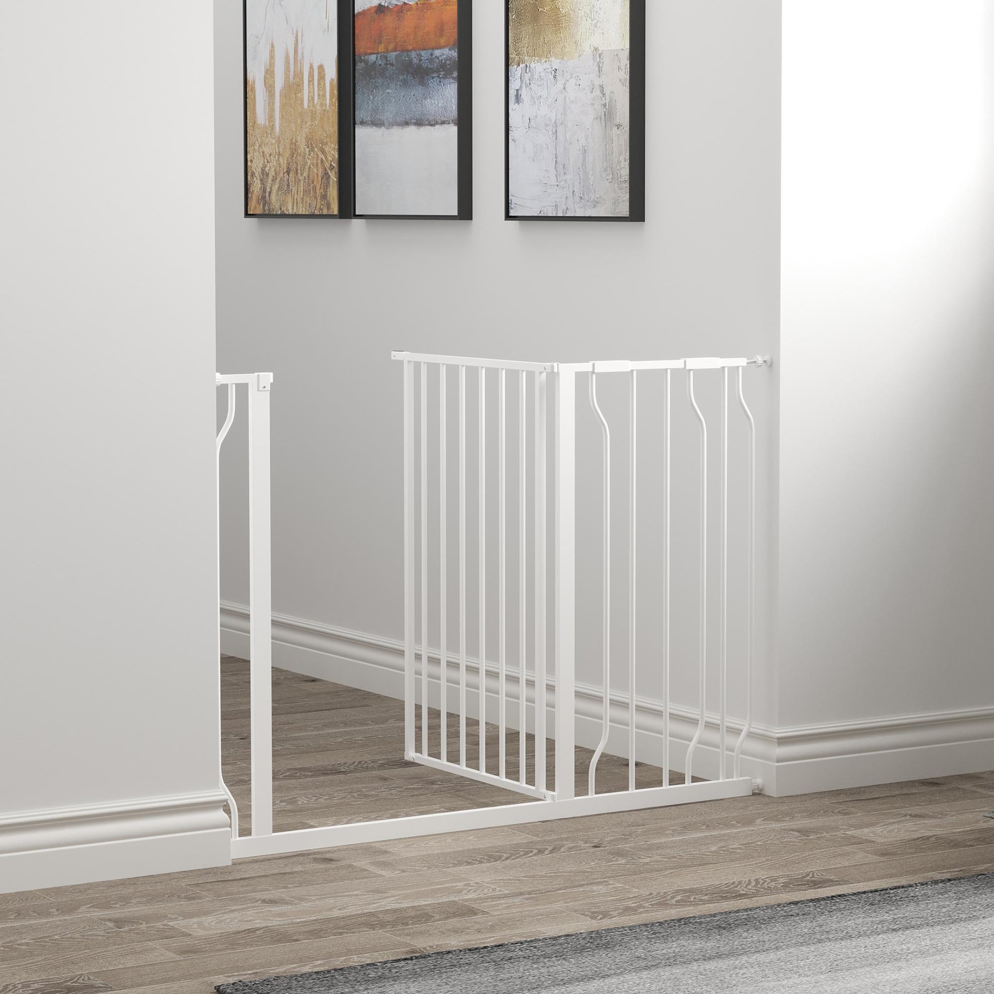 Voir la diapositive 2 : PAWHUT Barrière de sécurité barrière pour animal domestique longueur réglable barrière escaliers couloirs portes sans perçage en acier et abs dim. 75-115l x 76h cm blanc