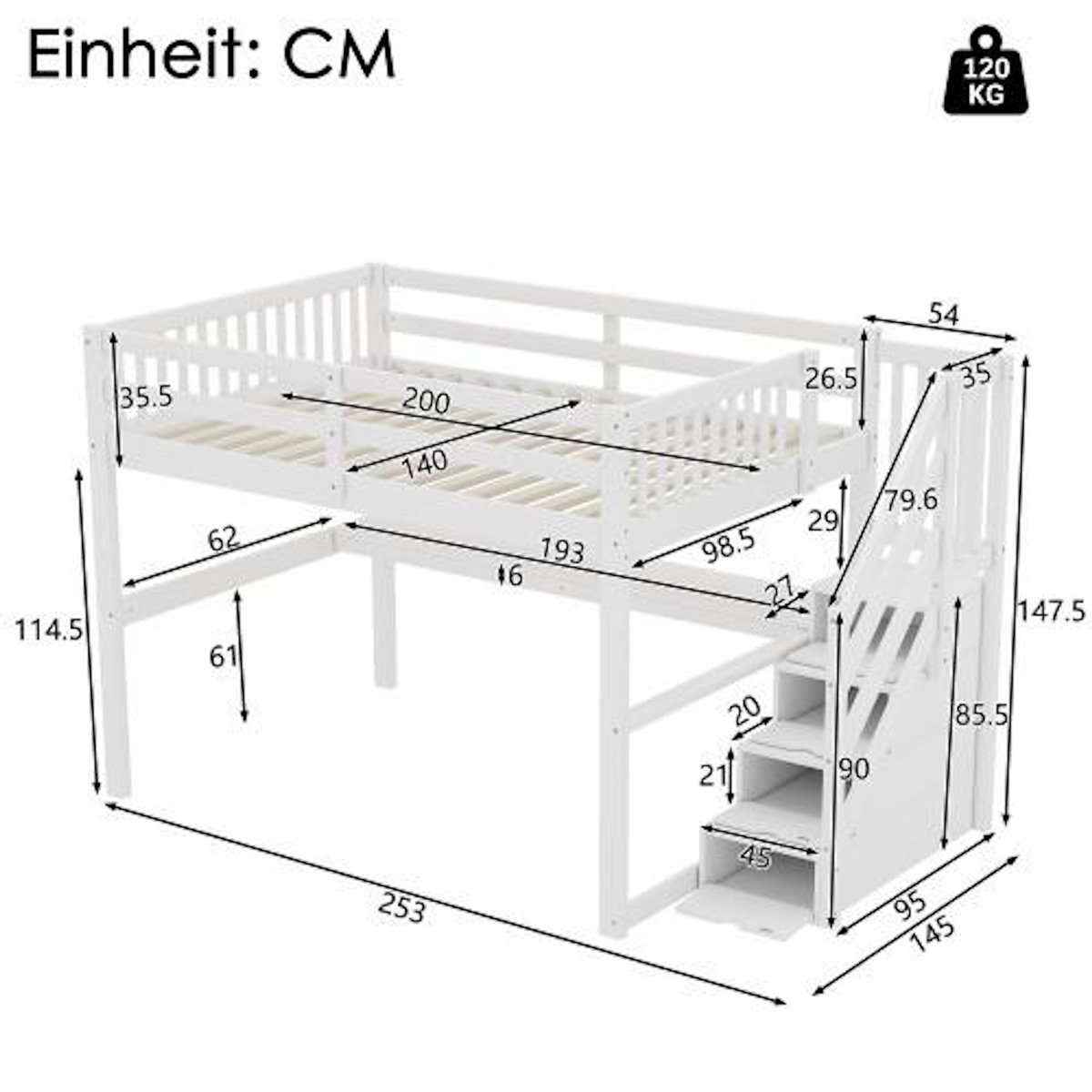 MERAX Lit mezzanine 140x200 cm coloris blanc pin