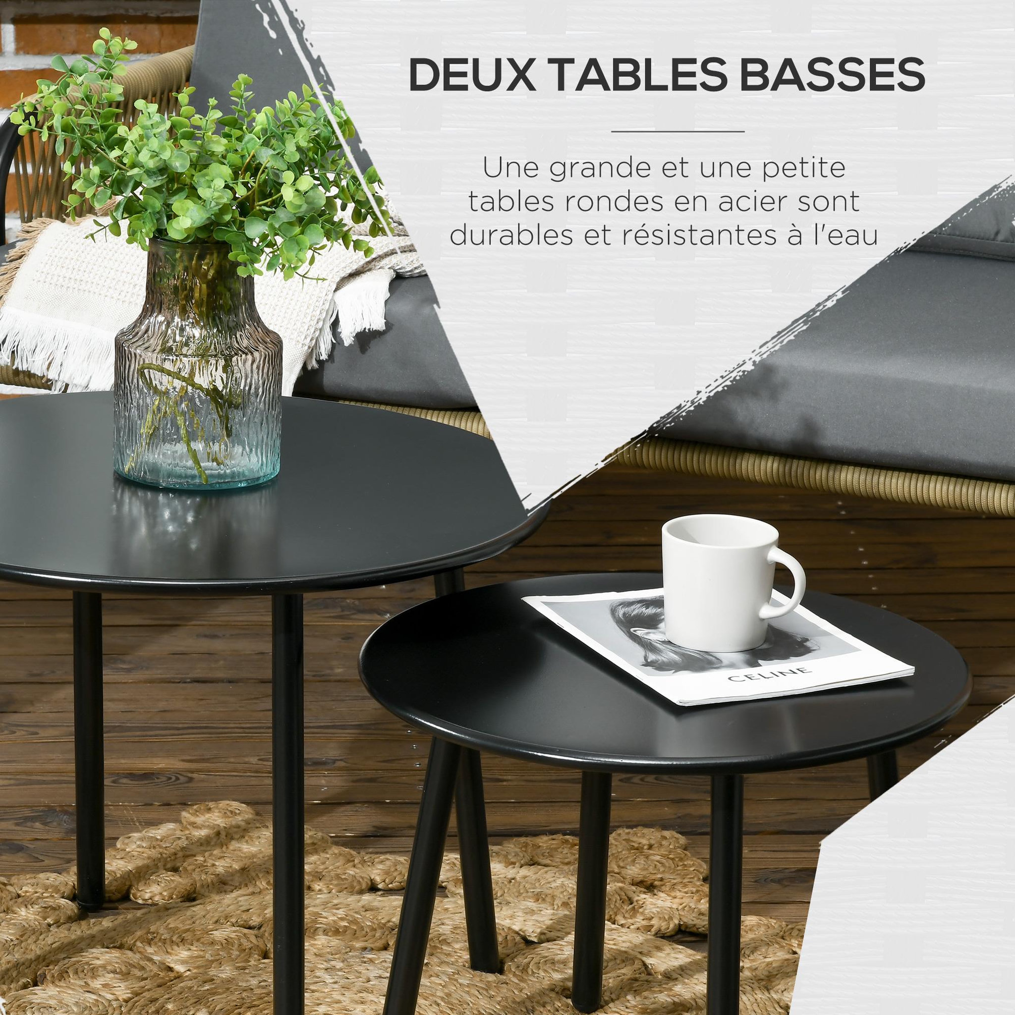Voir la diapositive 6 : OUTSUNNY Salon de jardin en résine tressée modulable 4 pers. 5 pièces avec 1 canapé 2 fauteuils et 2 tables basses rondes acier sable