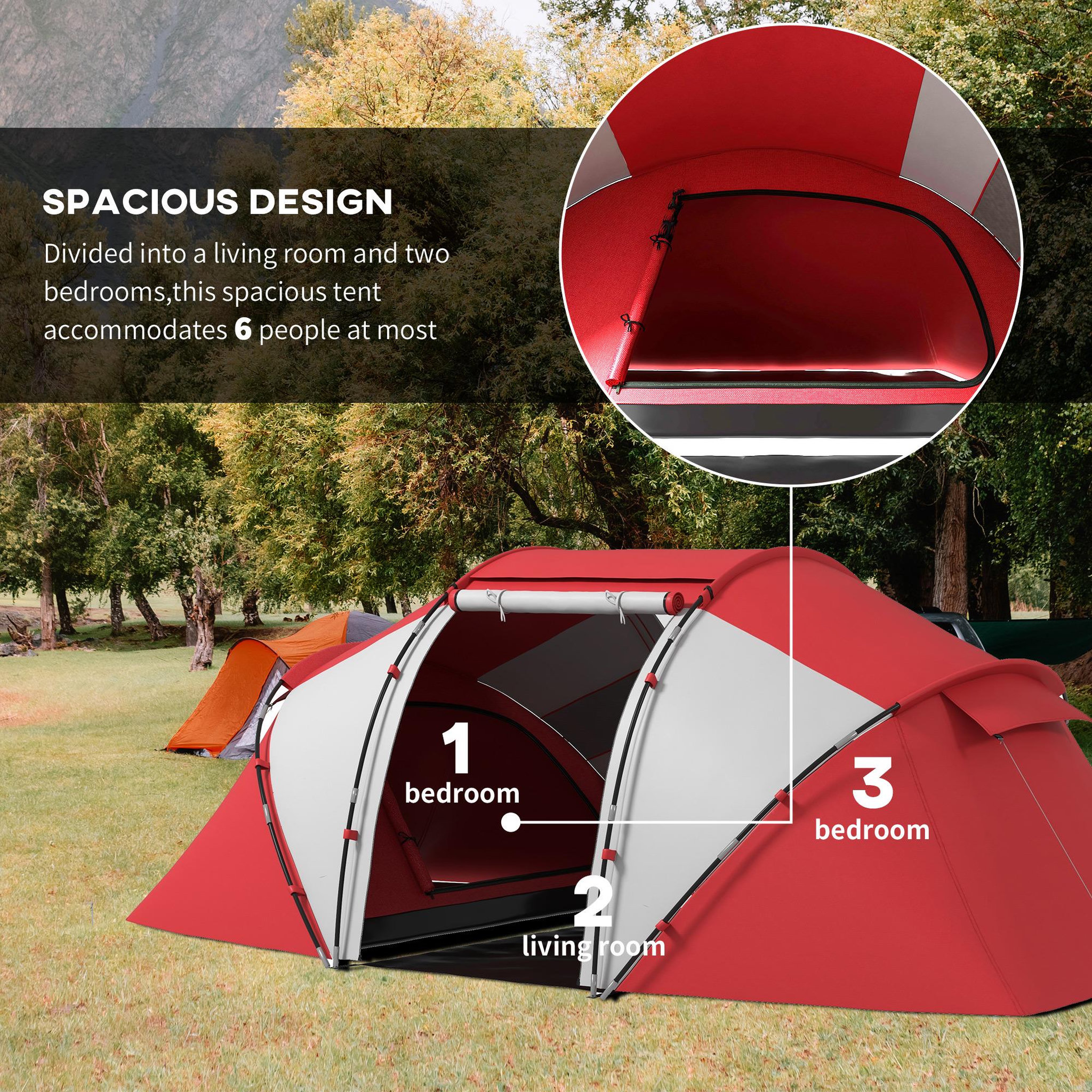 Voir la diapositive 5 : OUTSUNNY Tente de camping familiale 4-6 personnes 2 cabines fenêtre grande porte 4,3l x 2,4l x 1,7h m rouge gris