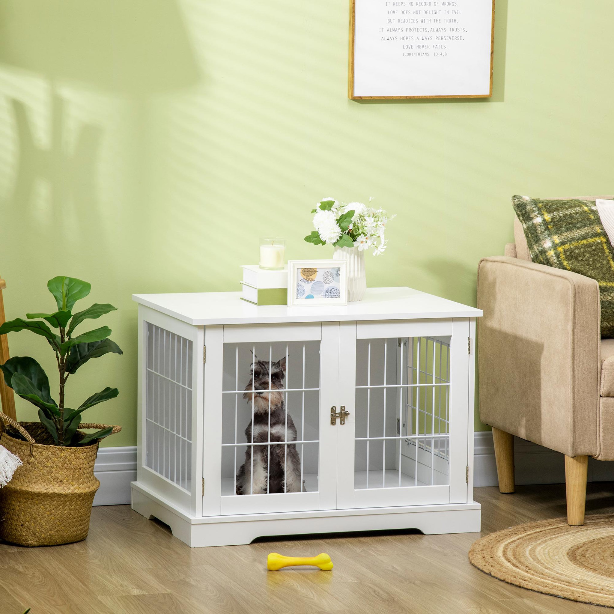 Voir la diapositive 2 : PAWHUT Cage pour chien animaux table d'appoint 2 en 1 - 2 portes verrouillables - dim. 76l x 54,5l x 56h cm - mdf acier blanc