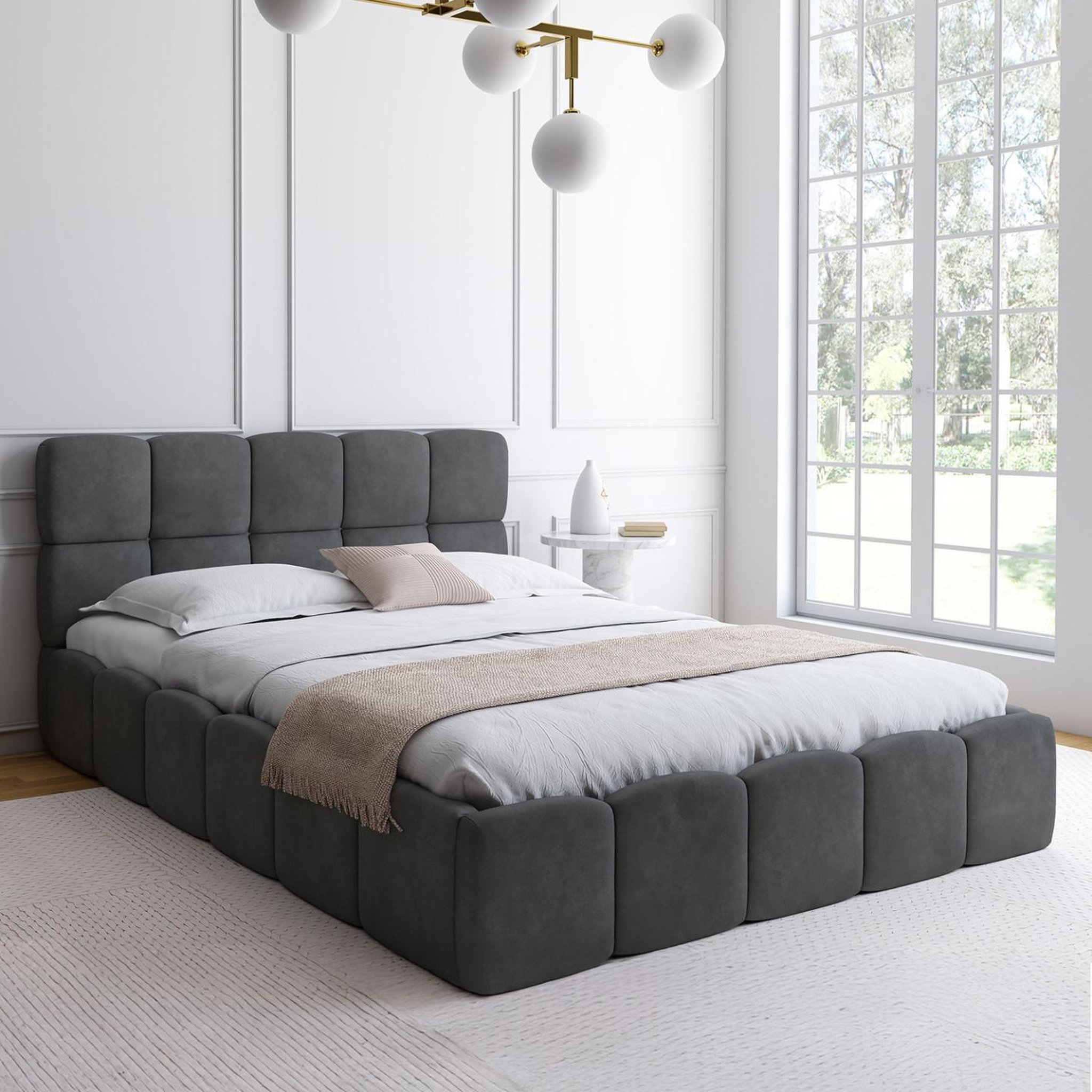 Voir la diapositive 4 : ID MARKET Lit coffre double nuage avec tête de lit matelassée et sommier 140 x 190 cm velours gris