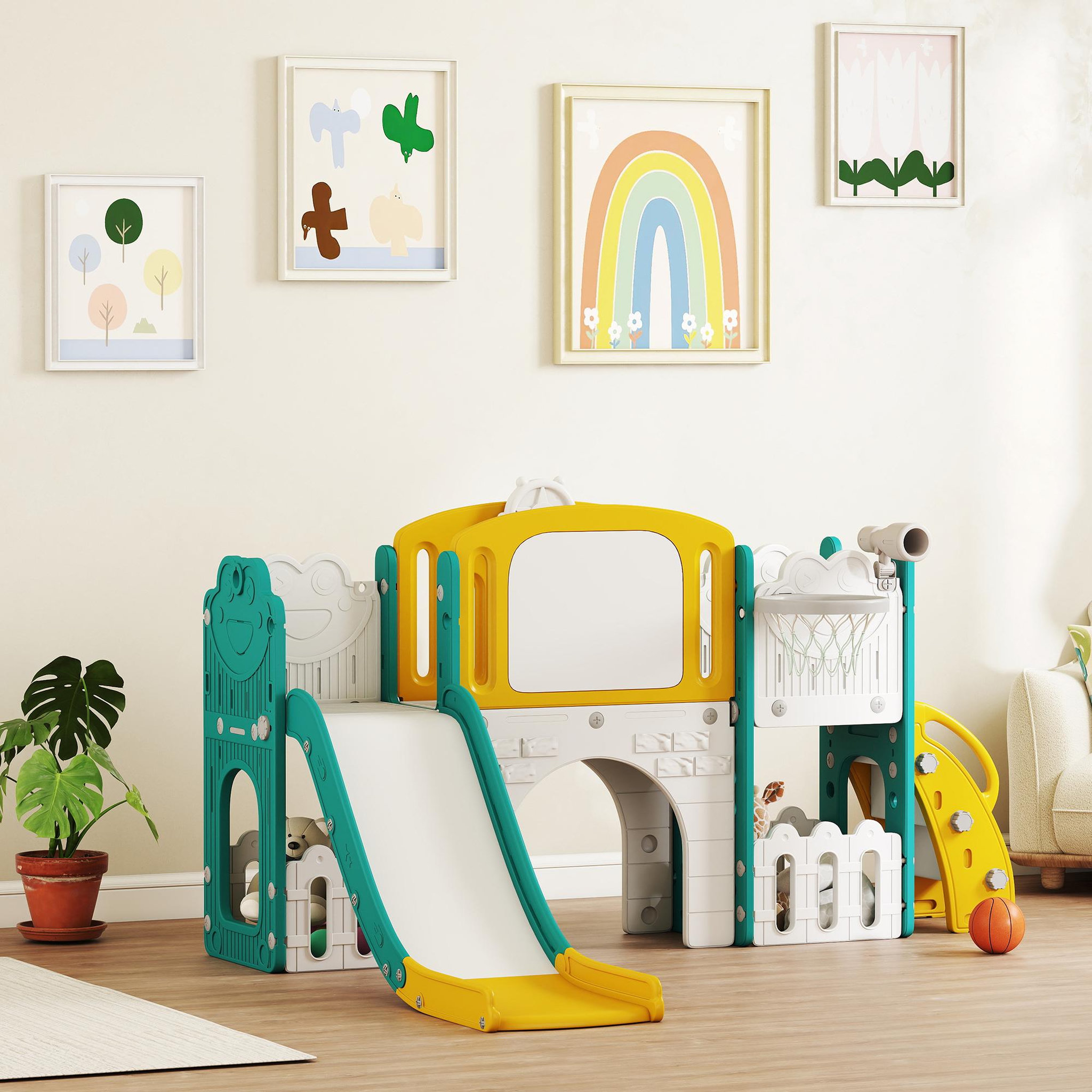 Voir la diapositive 2 : HOMCOM Portique aire de jeu enfant 7 en 1 HDPE blanc jaune vert