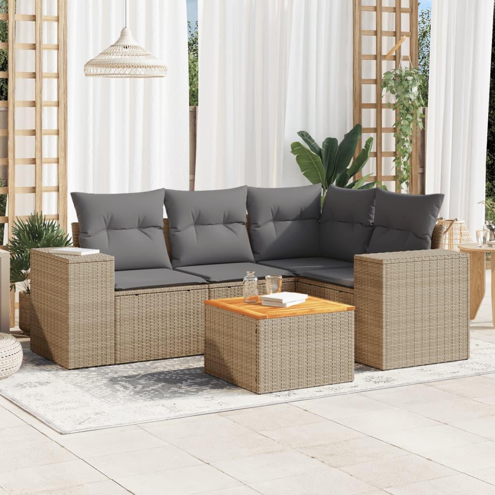 VIDAXL Salon de jardin avec coussins 5 pcs beige resine tressee