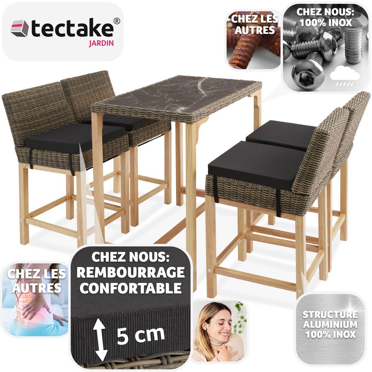 tectake Ensemble table en rotin avec 4 chaises avec cadre en aluminium marron naturel