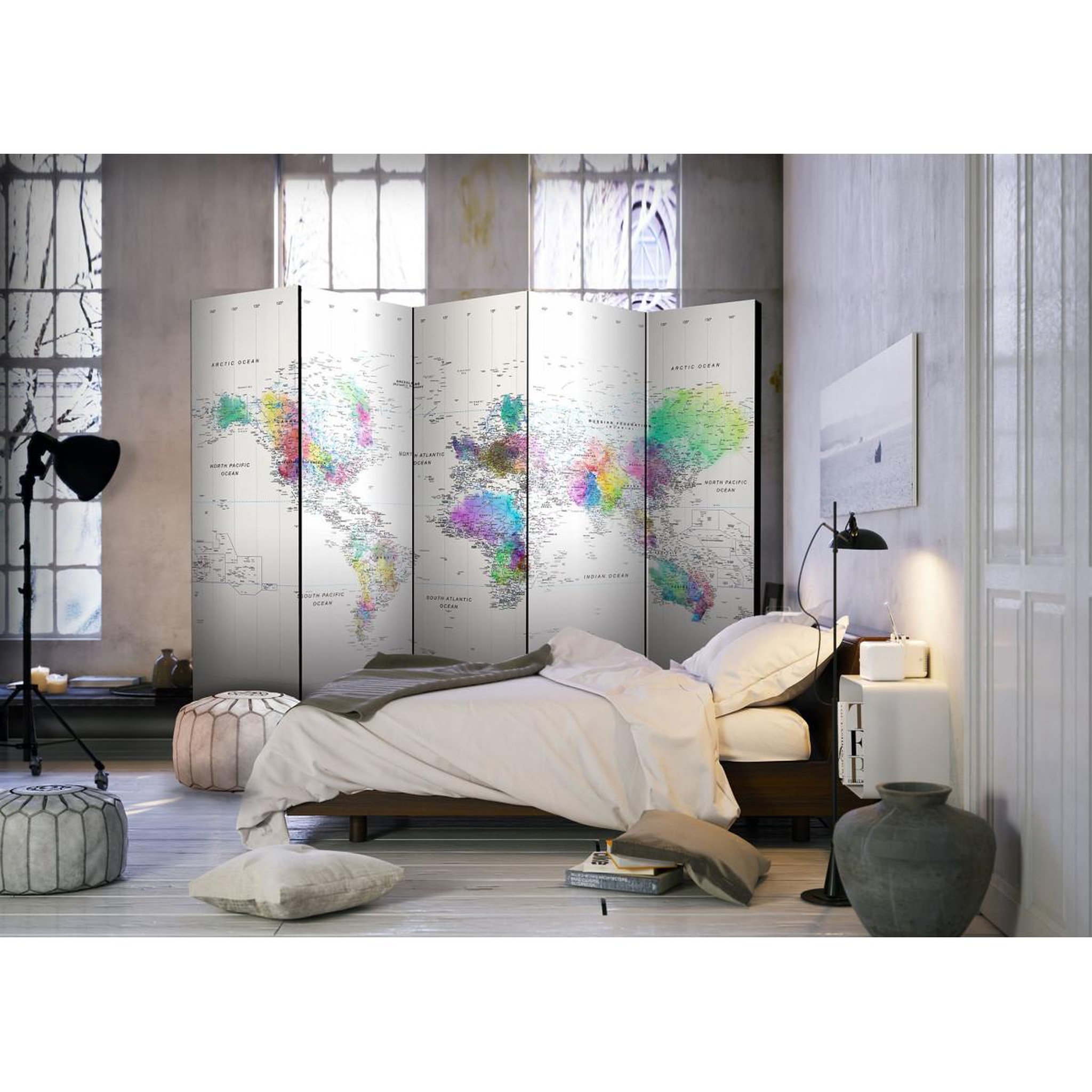 Voir la diapositive 2 : Paris Prix Paravent 5 volets   white colorful world map  172x225cm
