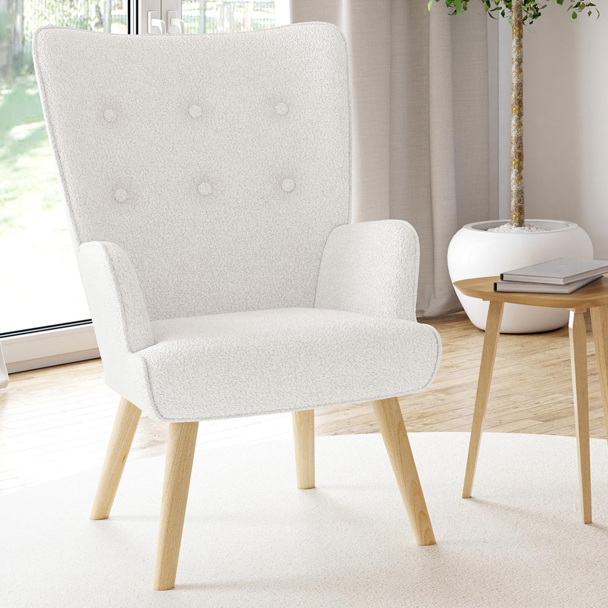 Voir la diapositive 2 : ID MARKET Fauteuil scandinave ivar en tissu bouclette blanc