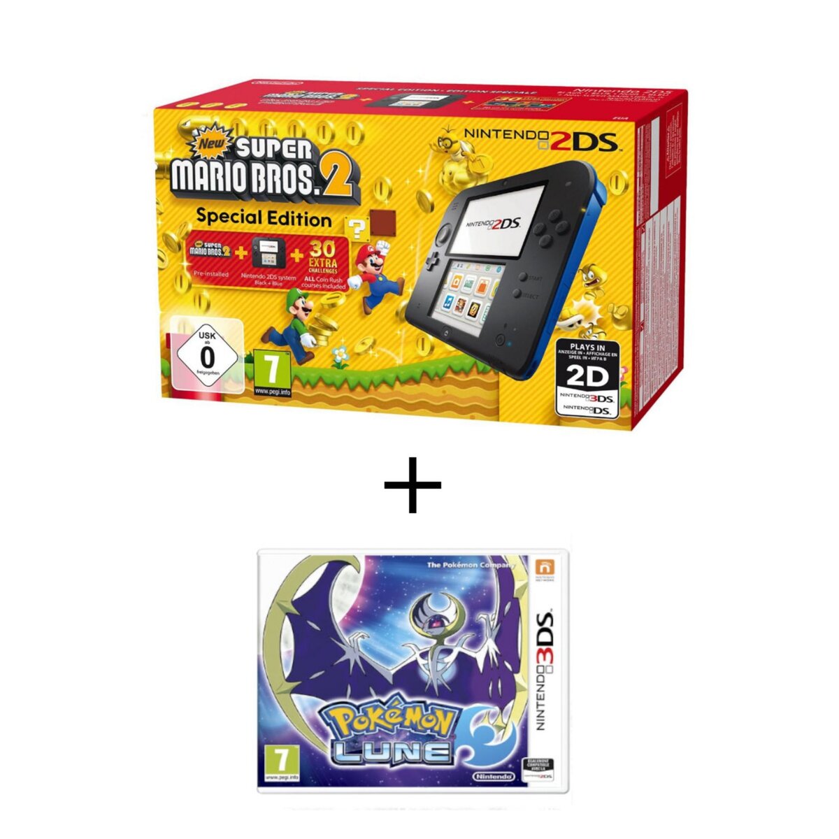 Console Bleue 2DS New Super Mario Bros 2 + Pokemon Lune 3DS