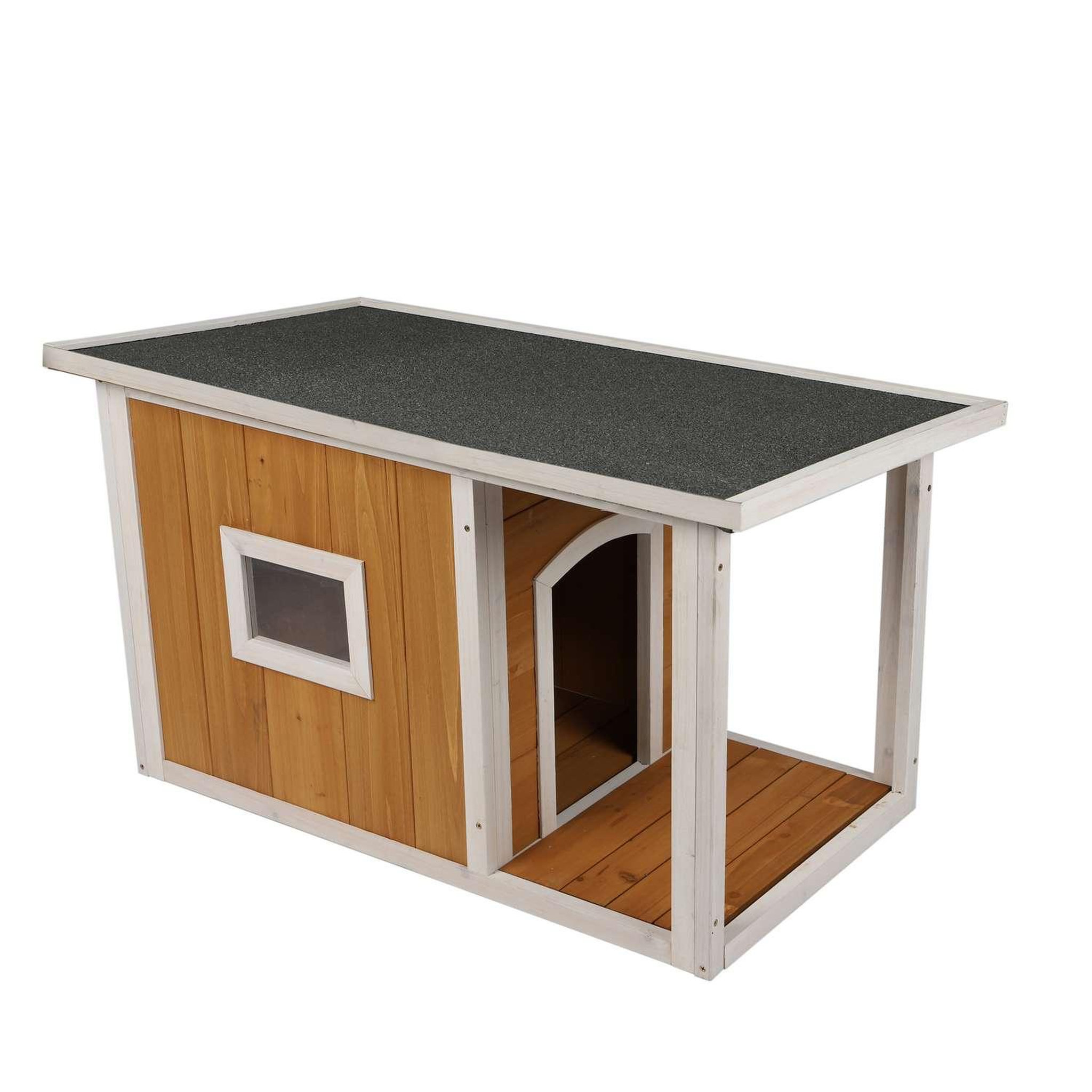 TOILINUX Niche pour chien lucky avec patio et fenêtre en bois naturel