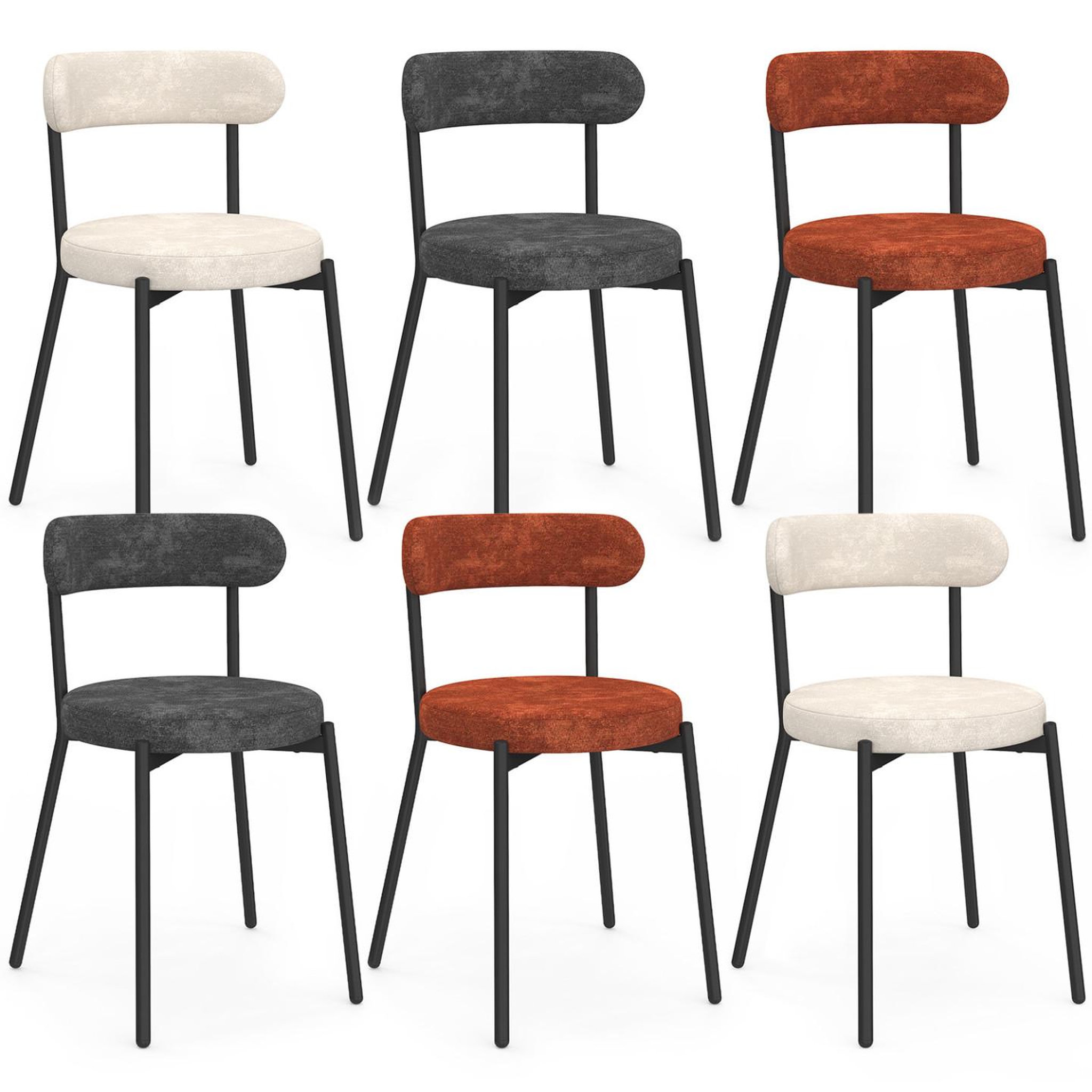 ID MARKET Lot de 6 chaises miki dossier incurvé en tissu chenille mix color terracotta x2, écru x2, gris foncé x2 pieds en métal noir