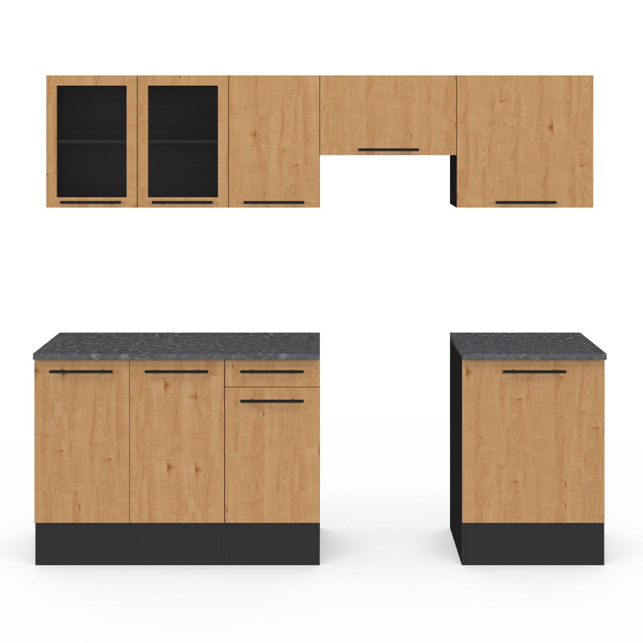 Voir la diapositive 3 : ID MARKET Cuisine complète 240 cm subtil avec vitrine + plan de travail 7 éléments noir et façon hêtre