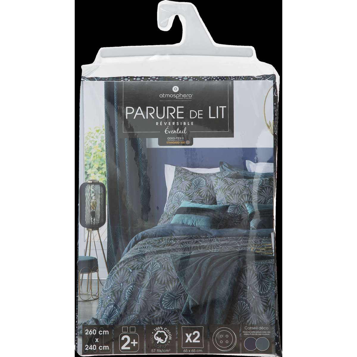 ATMOSPHERA Parure de lit 2 places en coton imprimé Eventail - 240x220 cm - Bleu