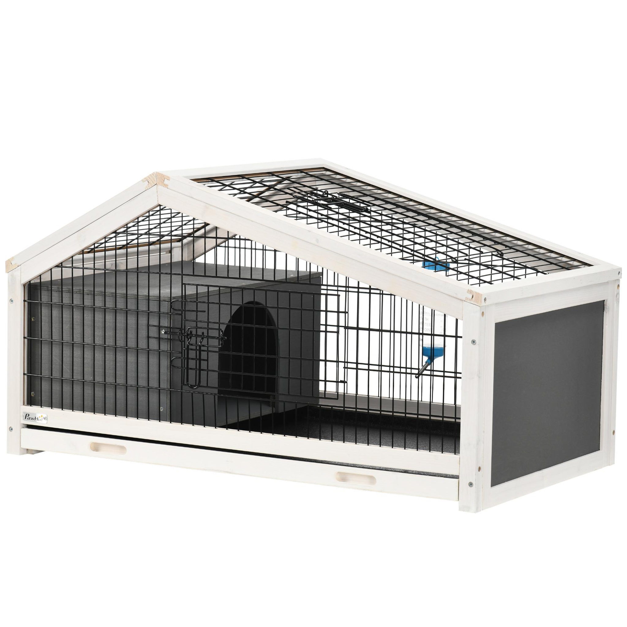 PAWHUT Clapier cage à lapin - niche, plateau déjection, porte et toit ouvrant verrouillables, abreuvoir - acier noir sapin gris blanc
