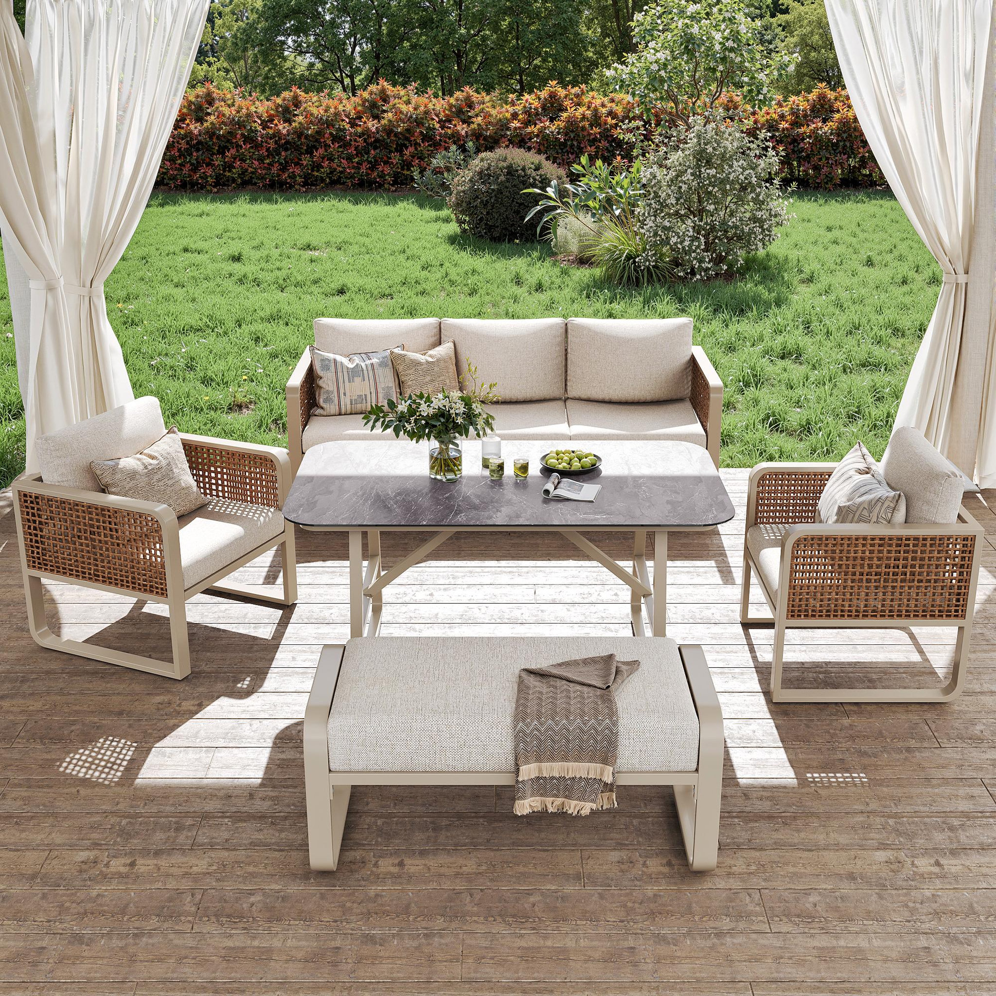 Voir la diapositive 2 : MERAX Salon de jardin 7 places en acier avec table d'appoint, coussins lavables, pieds réglables, beige