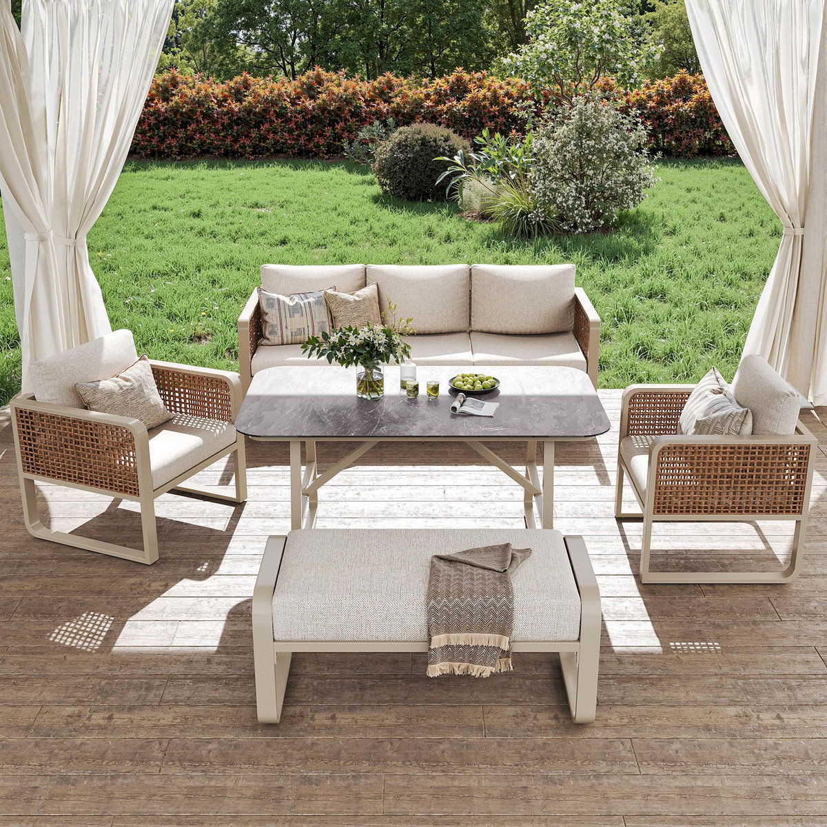 MERAX Salon de jardin 7 places en acier avec table d'appoint, coussins lavables, pieds réglables, beige