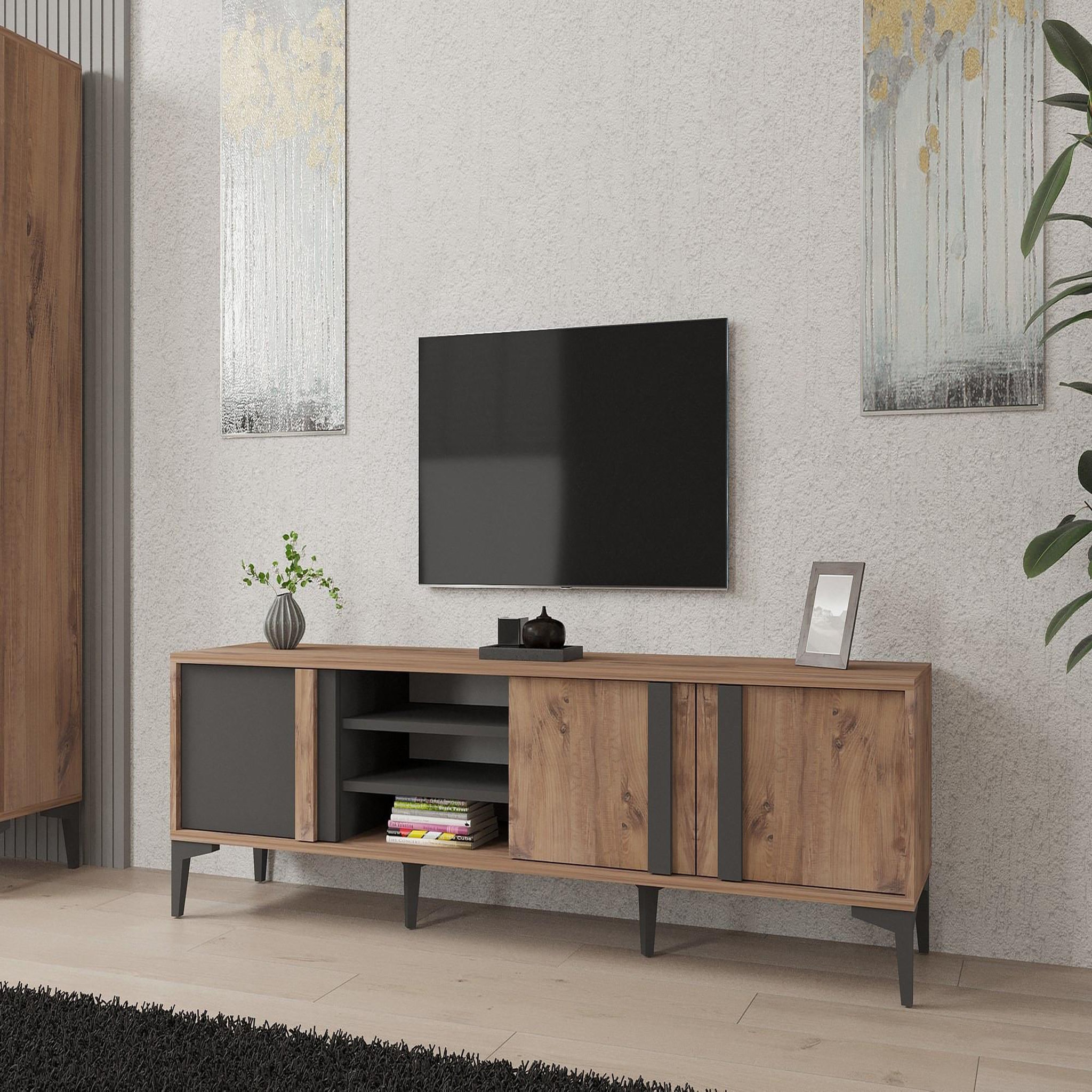 Voir la diapositive 2 : Habitat et Jardin Meuble tv en bois  mengu  - 180 x 40 x 50 cm - atlantique, anthracite