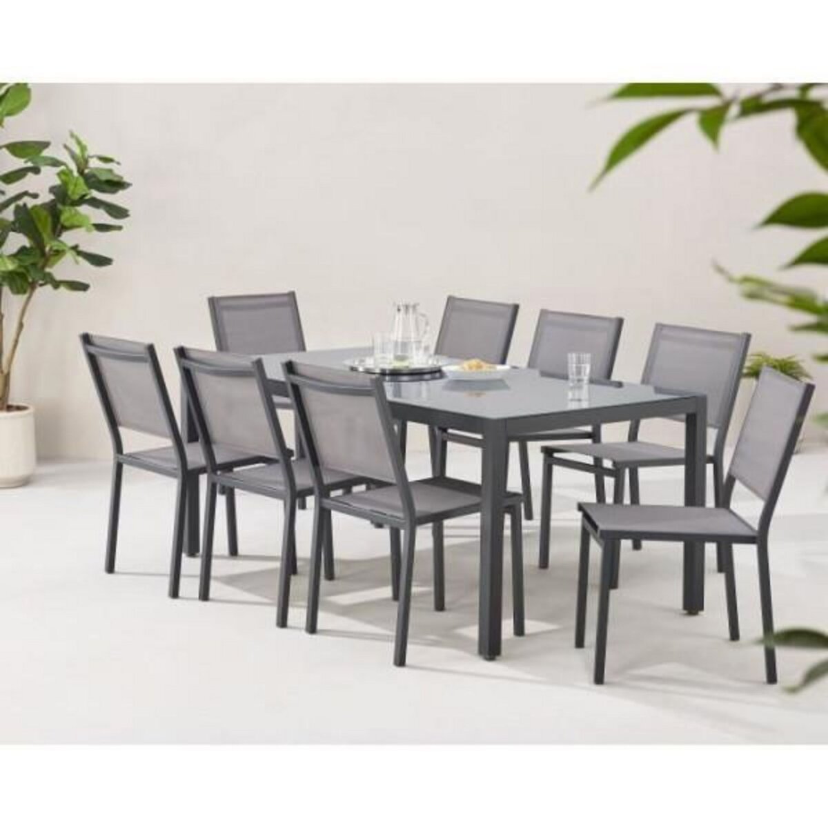 MARKET24 Ensemble repas de jardin : Table 180 cm + 8 chaises - Structure aluminium - Plateau verre trempé - Gris