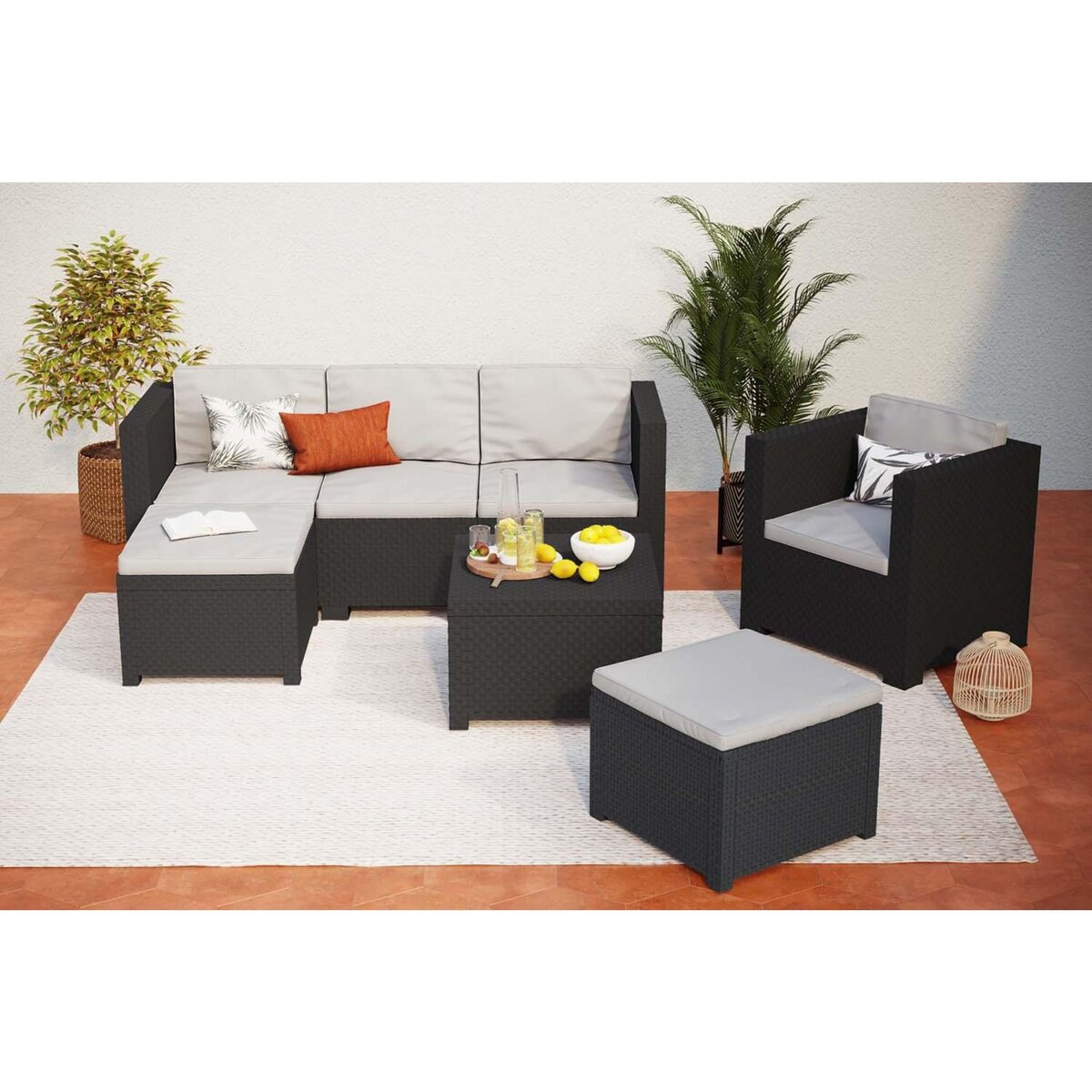 CONCEPT USINE Salon de jardin en résine tressée 6 places gris-noir MANHATTAN